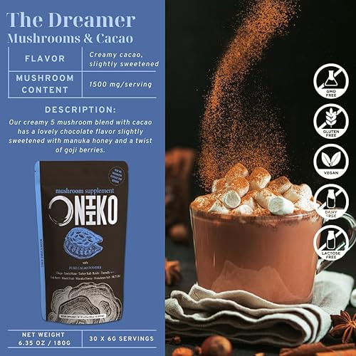 Miniatura 5 de ONIIKO Cacao de hongos prémium con 5 extractos de hongos, bayas de Goji, fruta de monje y aceite MCT para relajación, desestresar y dormir mejor,