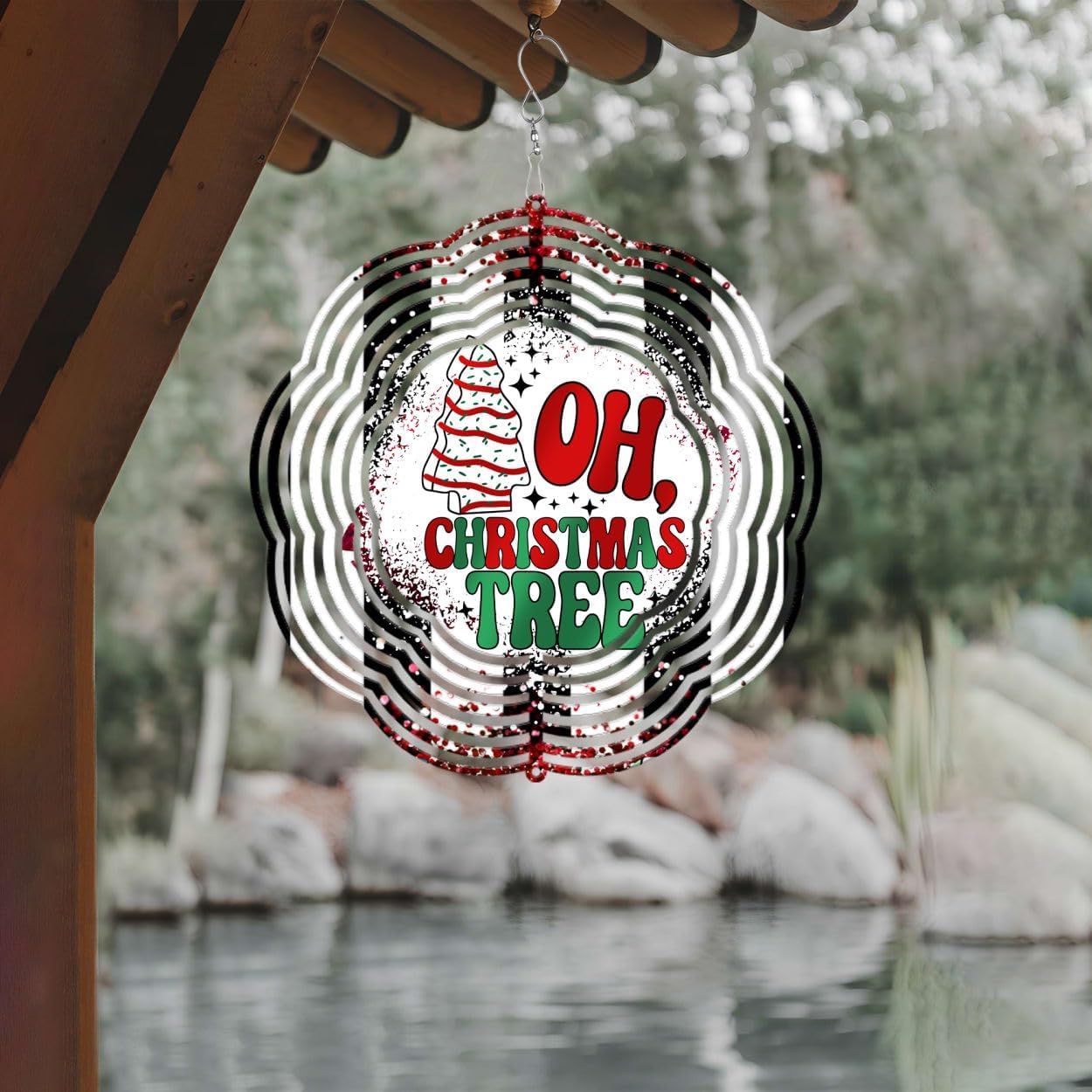 Oh Christmas Tree Christmas Wind Spinners 3D Stainless Steel Laser Cut Metal Double Sided Printing-Hanging Indoor/Outdoor Decorations Yard Gardening Decor,Metal Kinetic Art 14x14 inches