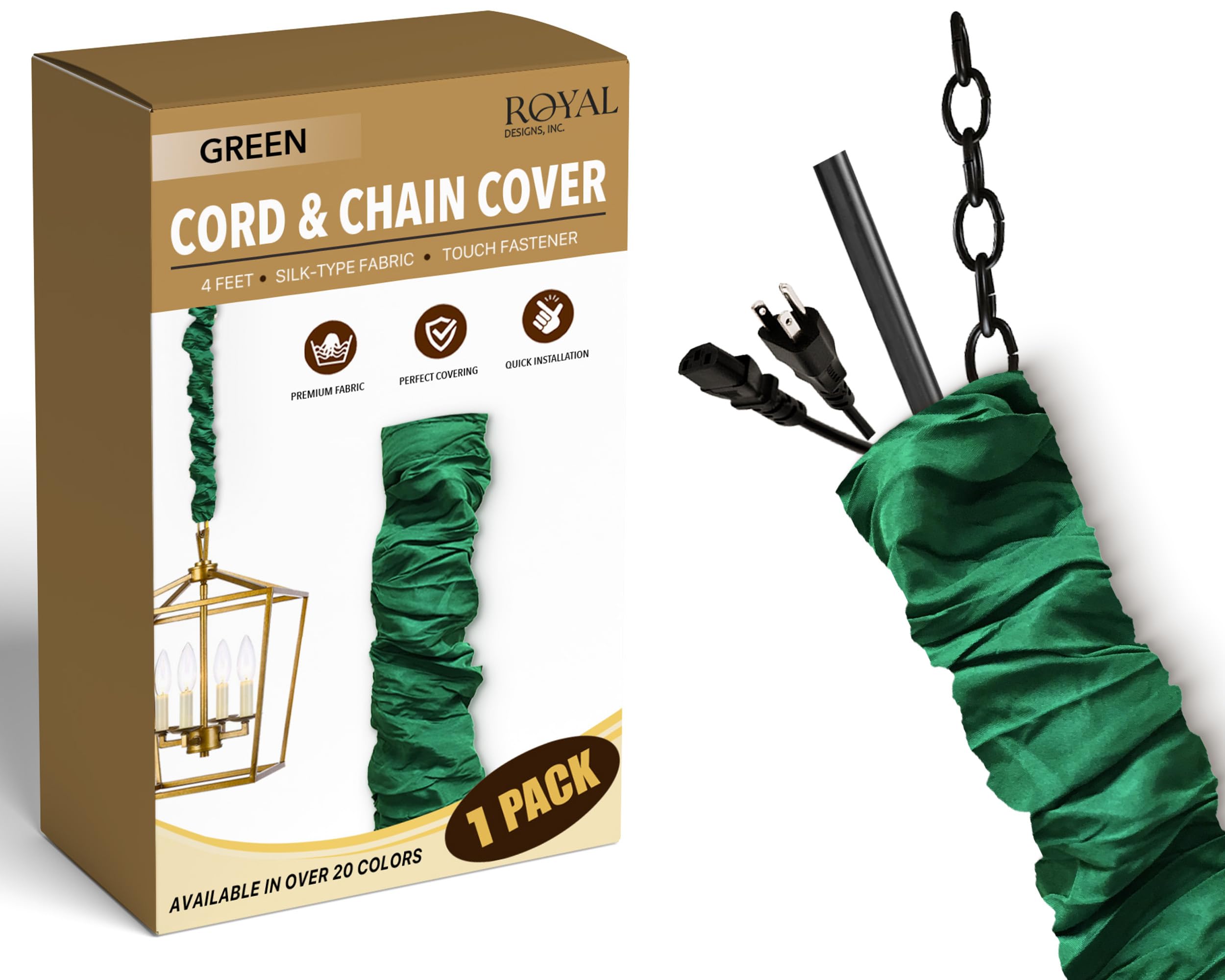 RDI Cord &amp; Chain Cover 4 feet Silk Type Fabric, Chandelier Pendant Lighting Chain &amp; Cable Management, Touch Fastener, Green - 1 Pack