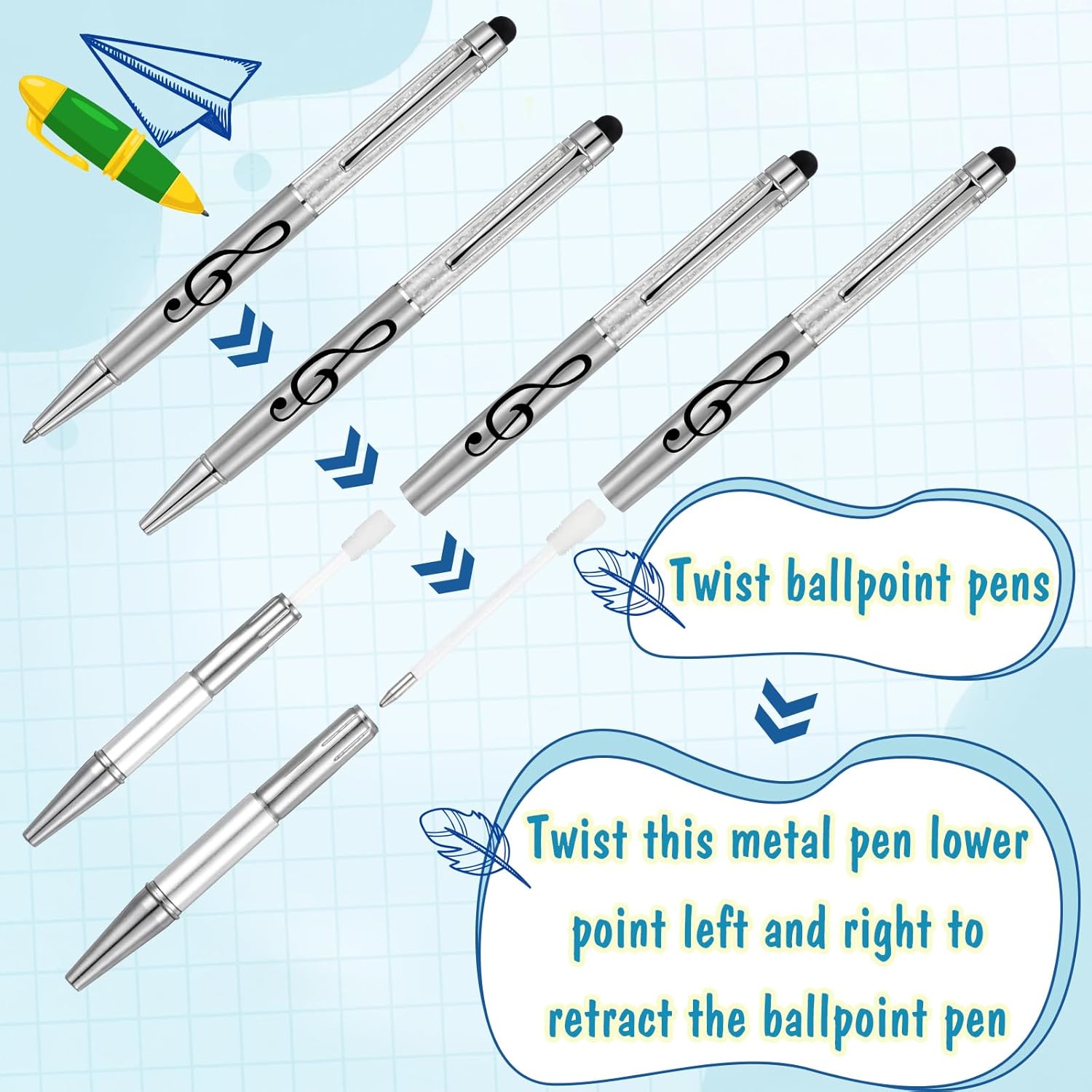 48 Pcs Music Note Ballpoint Pens with Touchscreen Stylus 0.5 mm Black Crystal Pens Twist Retractable Music Teacher Gifts Ballpoint for Musical Party Favors School Office Supplies