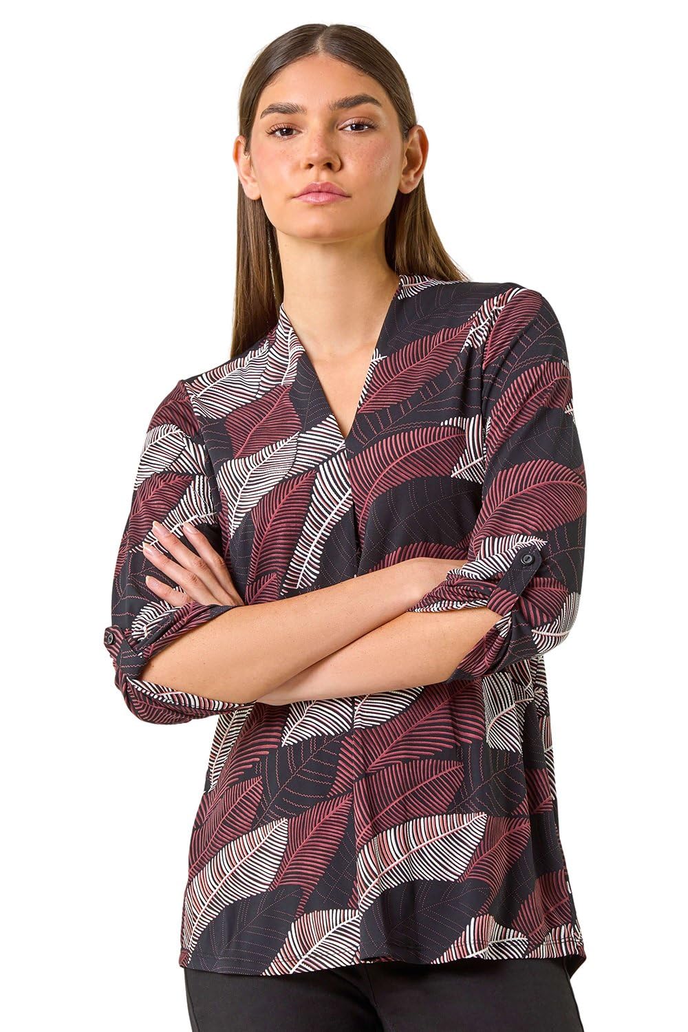 Roman Originals Women's Maroon Leaf V Neck Stretch Jersey Top For Uk Pleated Shirt Notch V Neck Blouse Summer Tunic Pull-On Soft Evening Holiday Work Party Everyday - Size 12