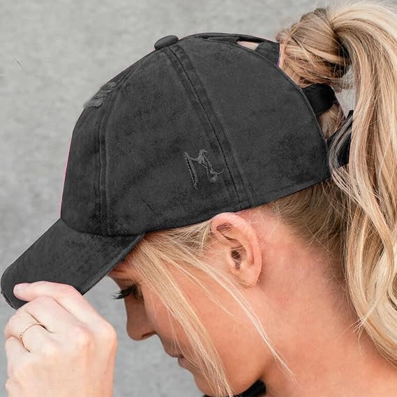 Criss Cross Ponytail Cap for Women - Adjustable High Bun Baseball Hat, UPF50+ Sun Protection, Washed Cotton