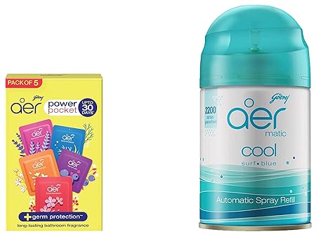 Godrej Aer Power Pocket | Air Freshener- Bathroom and Toilet | Lasts Up to 30 days | Assorted Pack of 5 (50g) & Matic Refill - Automatic Air Freshener with Flexi Control | Cool Surf Blue (225ml)