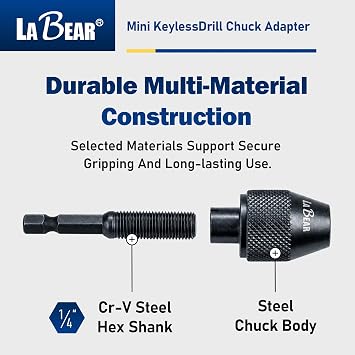 LABEAR Keyless Mini 3-Jaw Drill Chuck Adapter with Quick-Change 1/4 Hex Shank to Hold 0.3-6.5mm Aluminum Alloy Black Drill Bits Milling Cutters