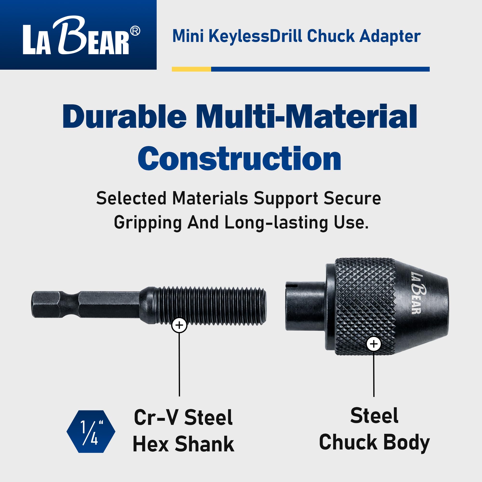 LABEAR Mini adaptador de portabrocas de 3 mandíbulas sin llave con vástago hexagonal de cambio rápido de 1/4 pulgadas para sostener brocas de aleación de aluminio de 0.3 a 6.5 mm negras