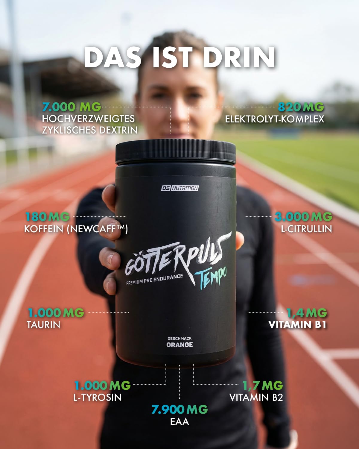 Götterpuls Tempo Pre Endurance 560g Pulver Orange | Mit L-Citrullin + EAA + Cyclic Dextrin + NewCaff + Elektrolyte – 175mg Koffein – Für Ausdauersport – 20 Portionen