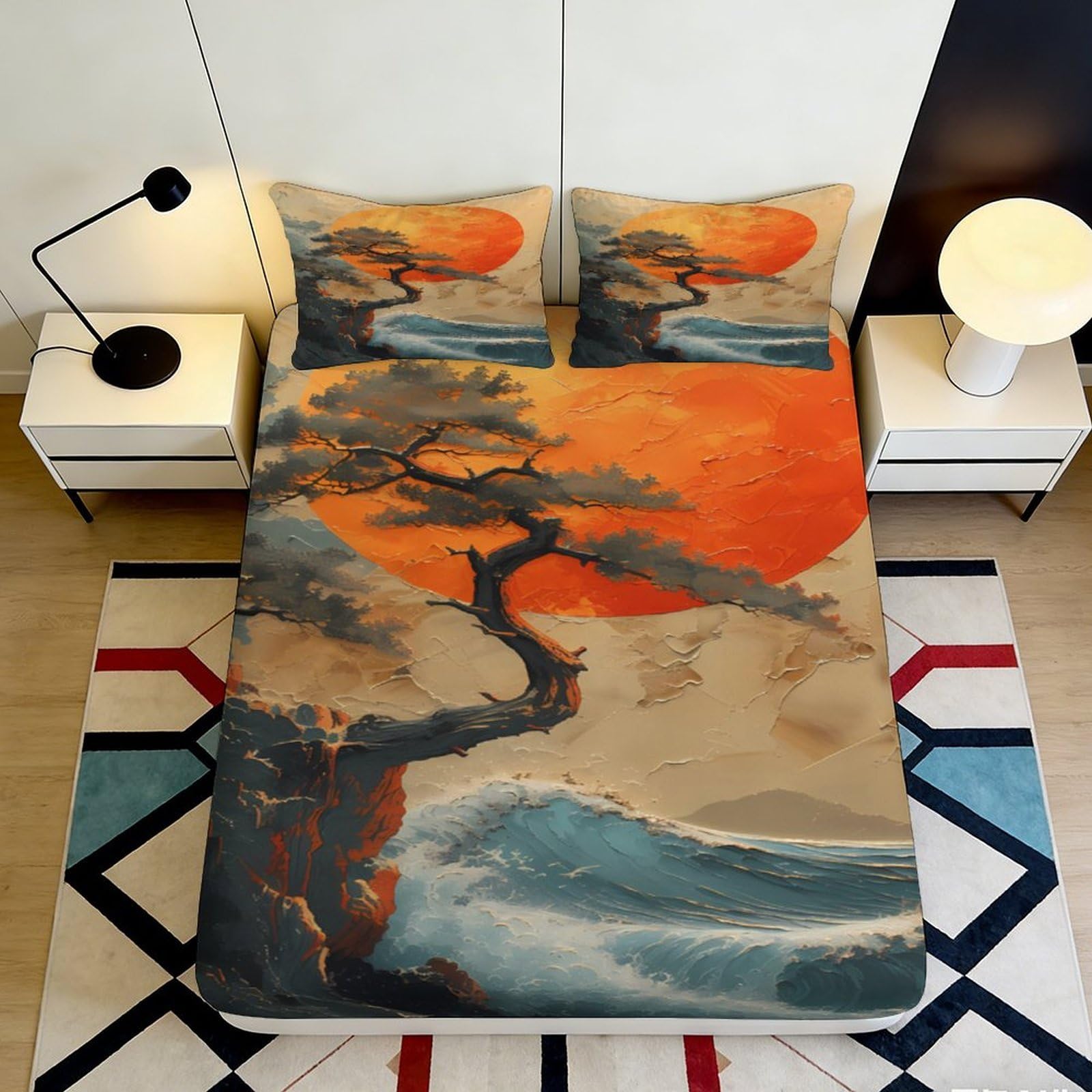 3D Printed Sunset Mountain Fitted Sheet Microfiber Soft Breathable Ocean Wave Mattress Cover for Bedroom Decor 90x200x25cm