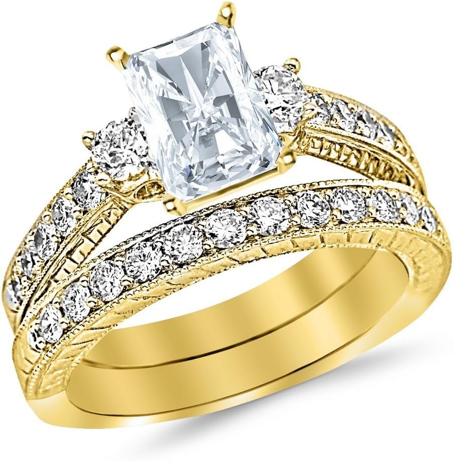14K White Gold 5 to 11 Carat LAB GROWN DIAMOND Three Stone Vintage With Milgrain & Filigree Bridal Set with Wedding Band & Radiant Cut Diamond Engagement Ring (D-E Color VS1-VS2 Clarity)