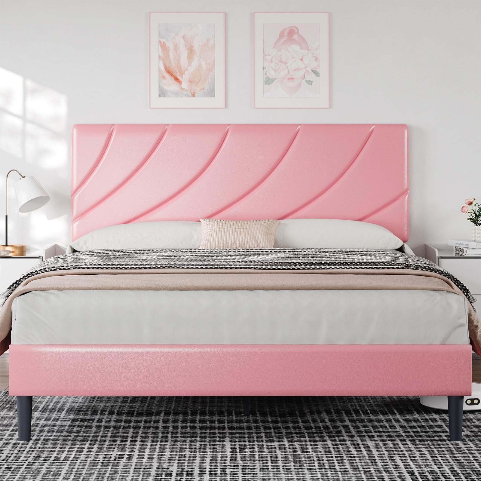 HOMBCK Queen Bed Frame with Headboard, Upholstered Bed Frames, Strong Wooden Slats, No Box Spring Needed, Easy Assembly, Pink