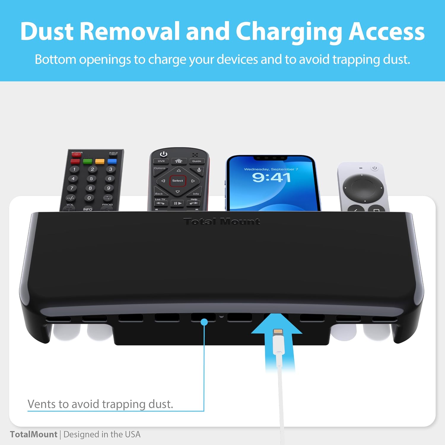 TotalMount Hole-Free Remote Holder – Eliminates the Need to Drill Holes in Your Wall (Premium Black Remote Control Holder for 5 or 6 Remotes)