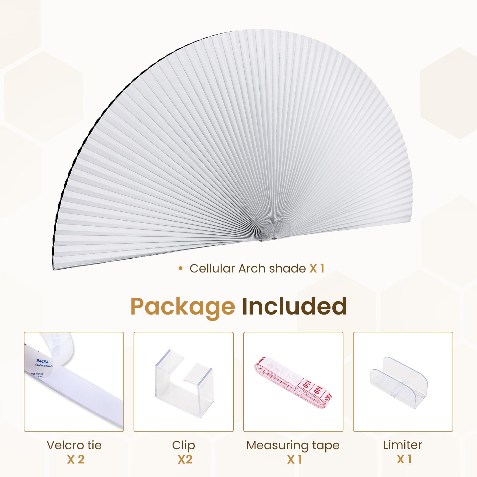 Grandekor Store de fenêtre occultant en demi-cercle – Stores cellulaires sans fil sans perçage – Stores en nid d'abeille pour fenêtres, faciles à installer, 91,4 x 183 cm, blanc