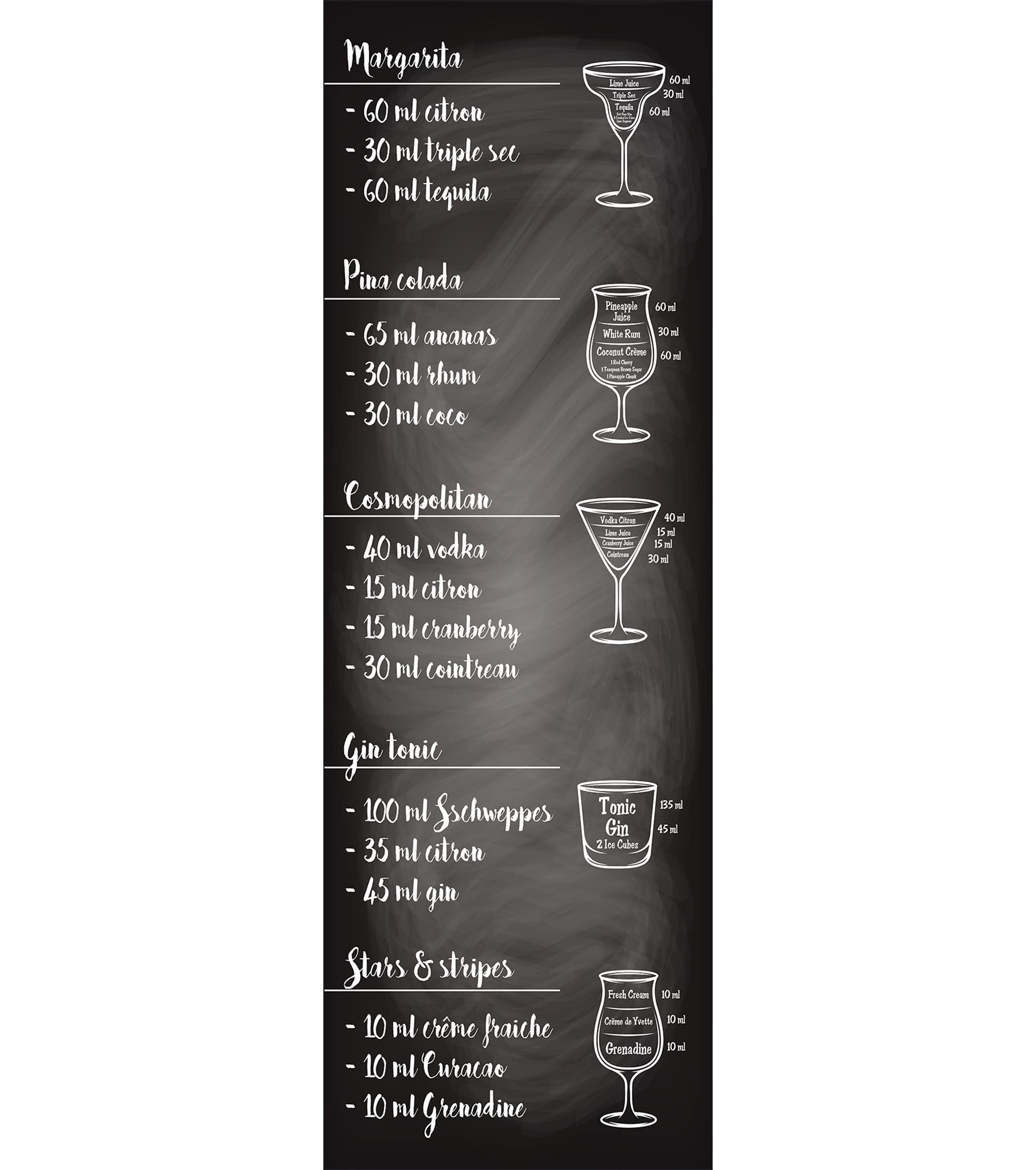 DECORATION adhésive pour CUISINE et réfrigérateurs Recettes de Cocktails Sur Fond Noir Autocollant, Polyvinyle, Noir, 59,5 x 0,1 x 180 cm