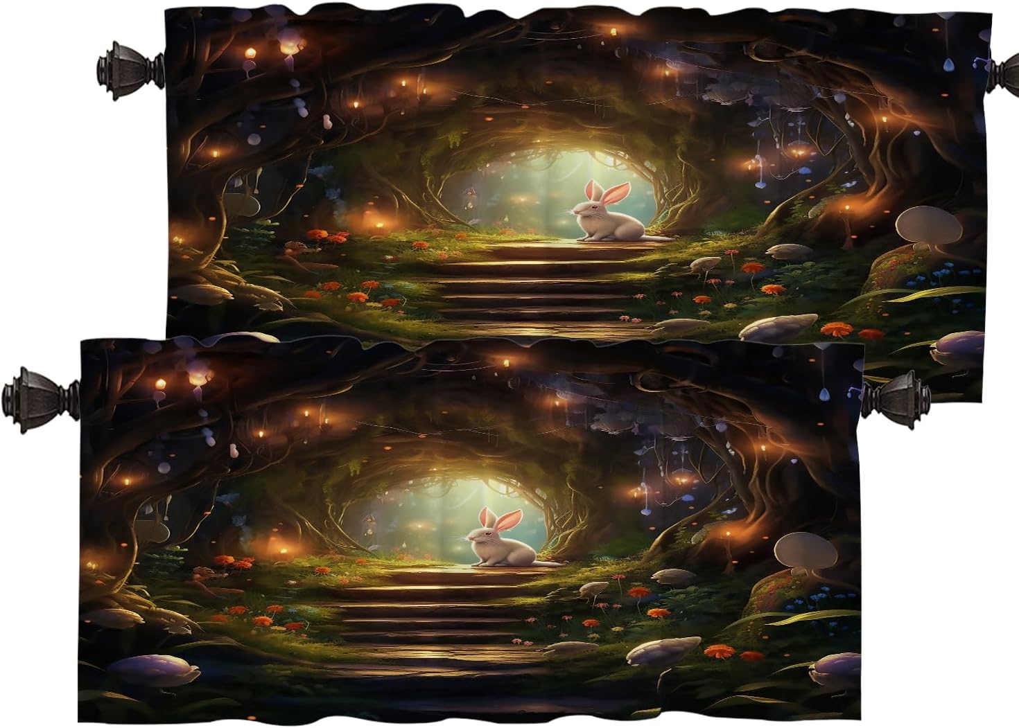 Batmerry Rabbit Path Lights Valance Curtains, Magical Forest with Rabbit Window Treatment Kitchen Valances Multilayer Polyester Blackout for Living Room/Bathroom, 2 Pack 52x18 inches