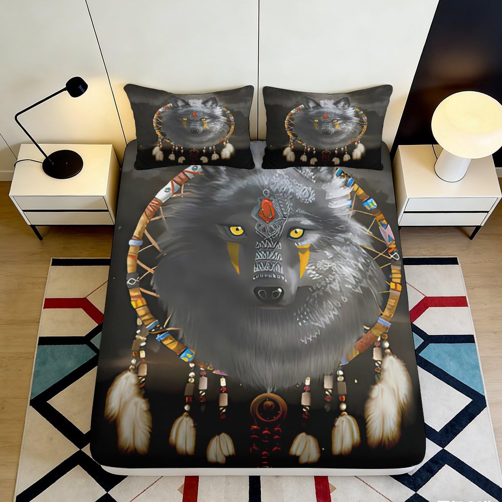 3D Printed Wolf Dreamcatcher Fitted Sheet Microfiber Soft Non-slip Bed Cover for Bedroom Dorm Mattress Protection Decor 180x200x25cm