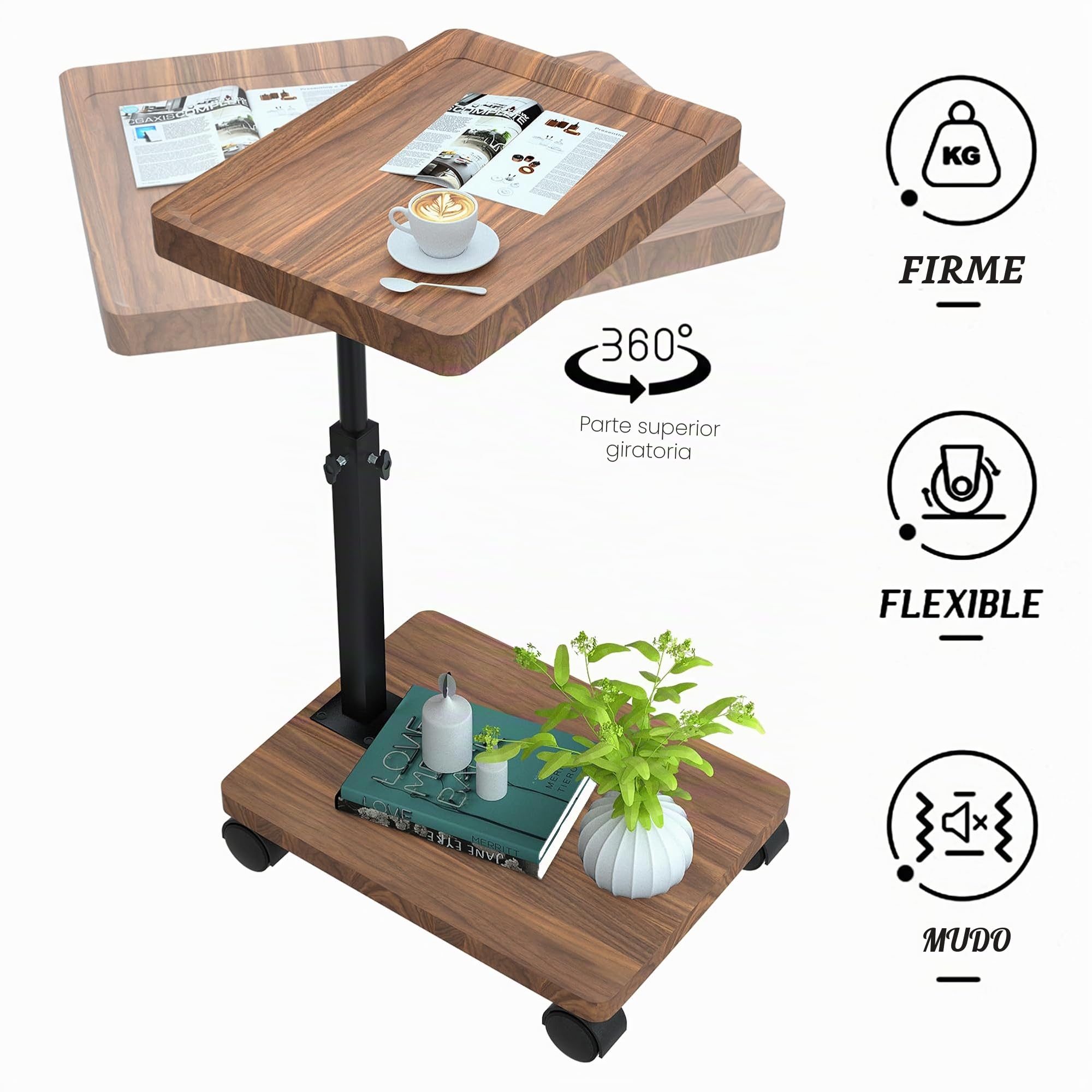 Mesa Auxiliar con Ruedas, Altura Regulable (45 – 80 cm), Mesa Auxiliar de Madera en Forma de c con Acabado de Nogal Giratorio 360°, Mesa de Centro pequeña para salón, sofá