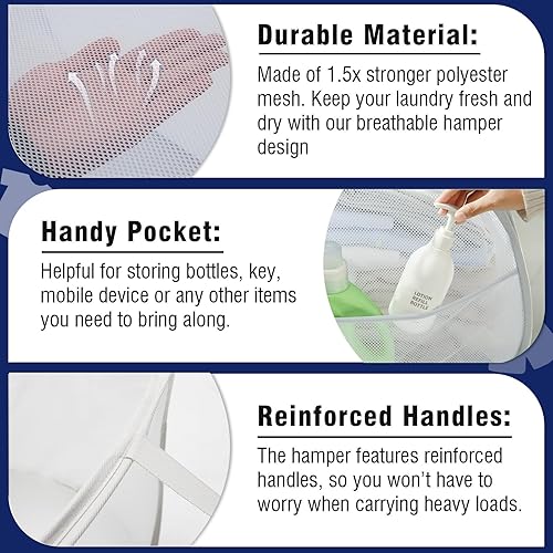 Miniatura 4 de TECHMILLY Cesta plegable de malla con asas fuertes, cesta de ropa de gran apertura con bolsillos laterales, cestas de almacenamiento para