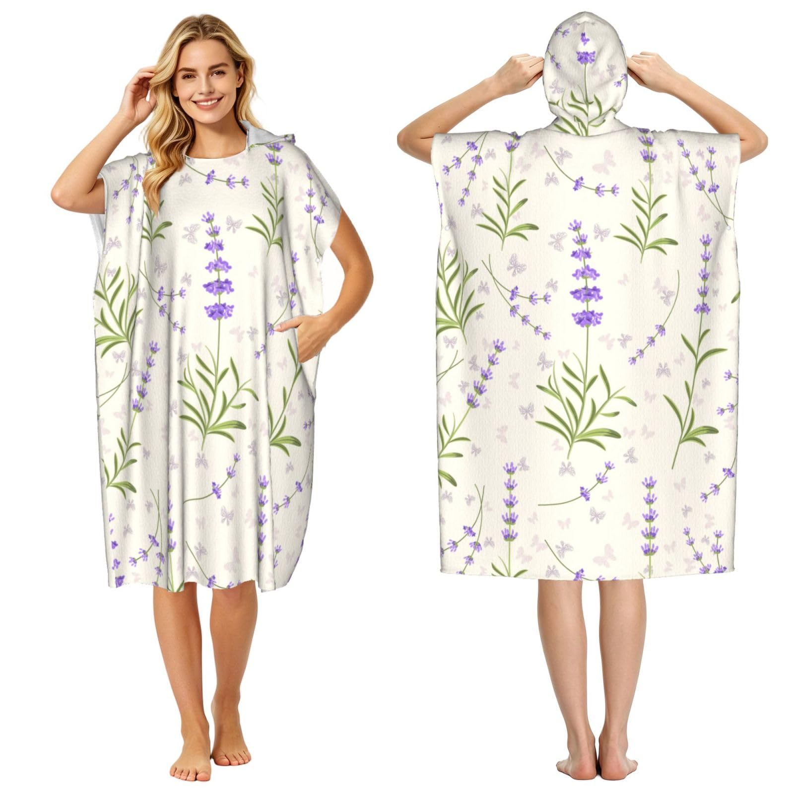 Poadnly Lavender Pattern, Adult Hooded Beach Towel 90 x 110 cm,Changing Bath Robe, Surf Poncho Towel For Women Men