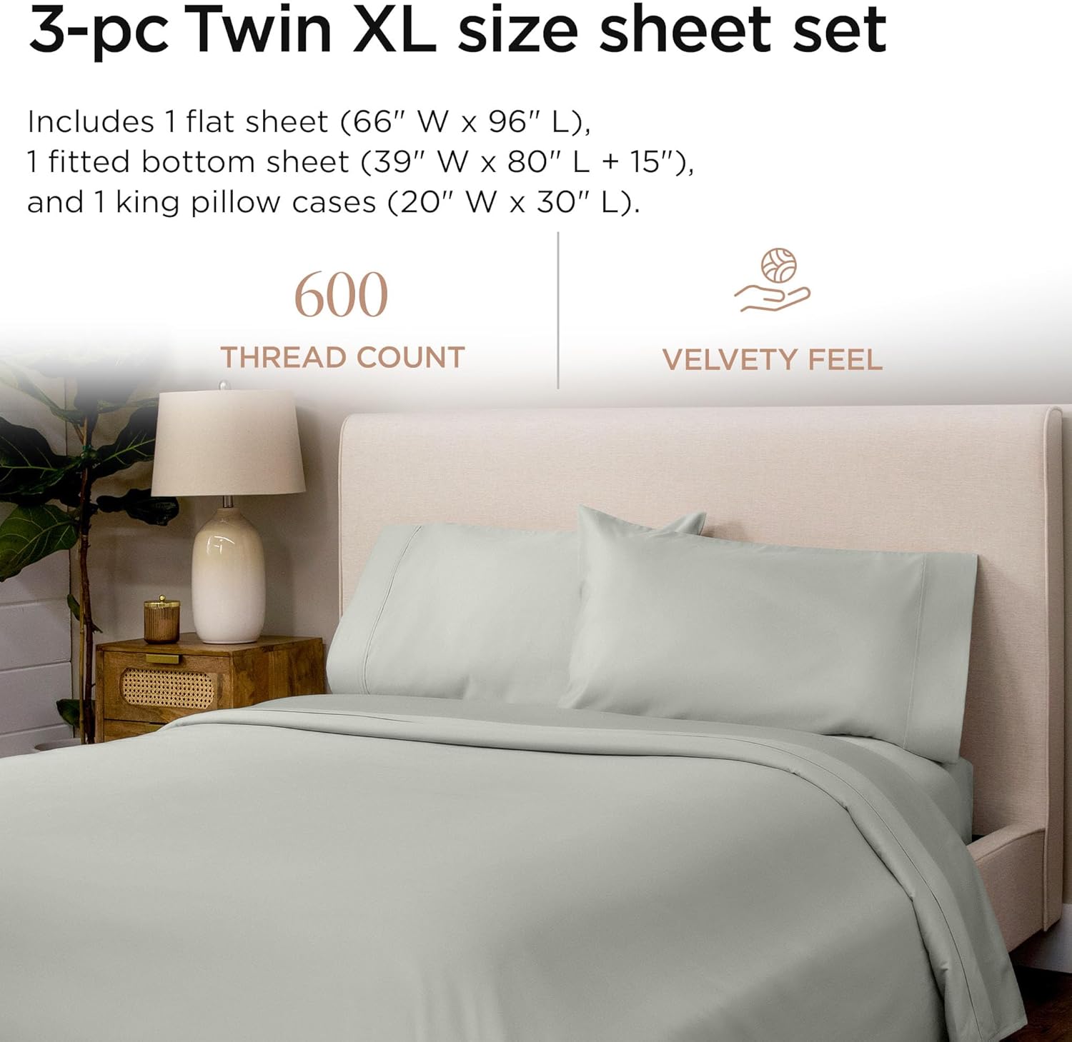Threadmill 100% Cotton Sheets for Twin XL Size Bed - 600 Thread Count Twin XL Bed Sheets Set with 15” Deep Pocket - Sateen Weave 3-Piece Bedding Set with Cooling Effect, Light Grey - Image 2