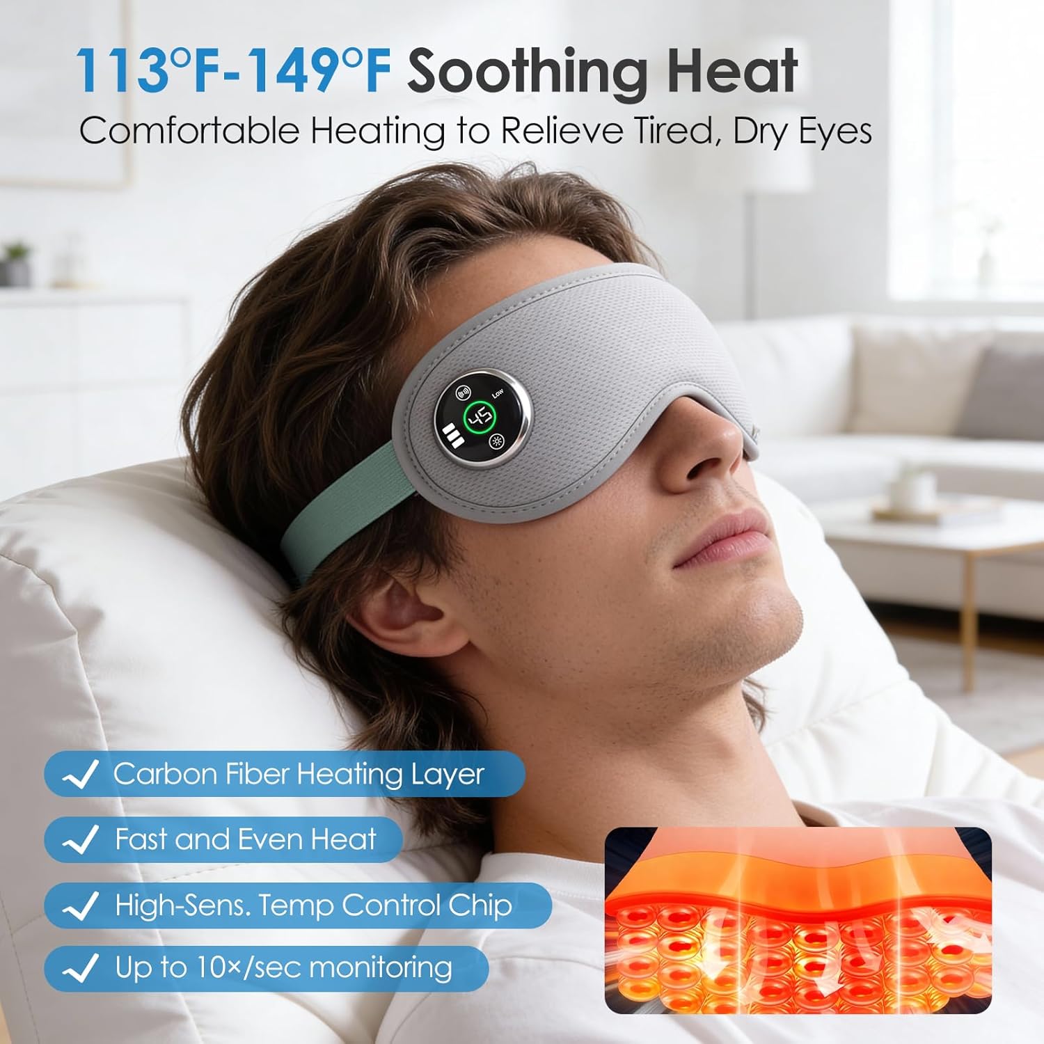 Cordless Heated Eye Mask with Massager, Warm Compress for Eyes, 3D Contoured Light-Blocking Eye Mask for Dry Eyes, LED Display, 3 Heat & Vibration Modes, Home, Office & Travel - Image 3