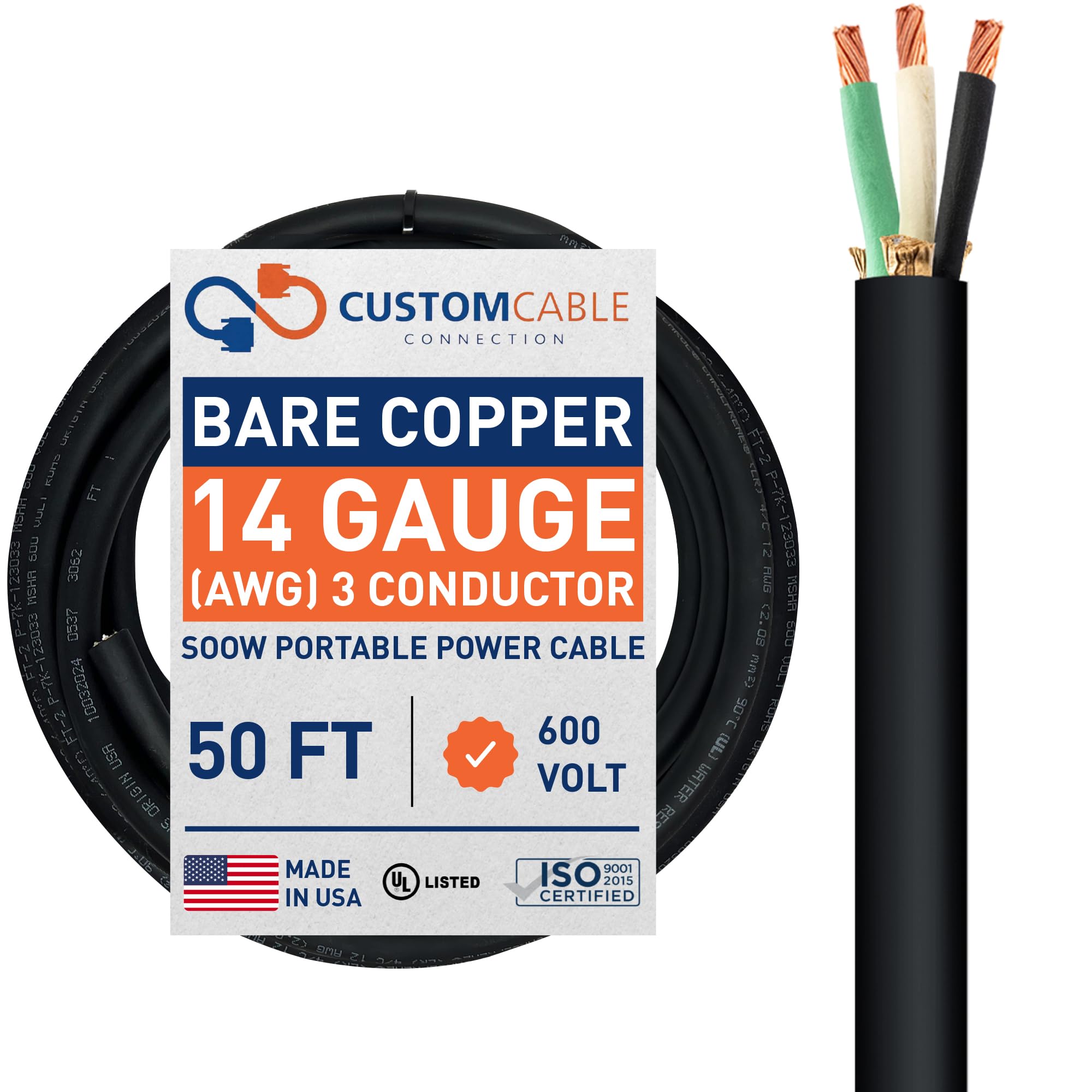 Cable 14/3 SOOW flexible de 600 voltios resistente al desgaste diario de 50 pies 8
