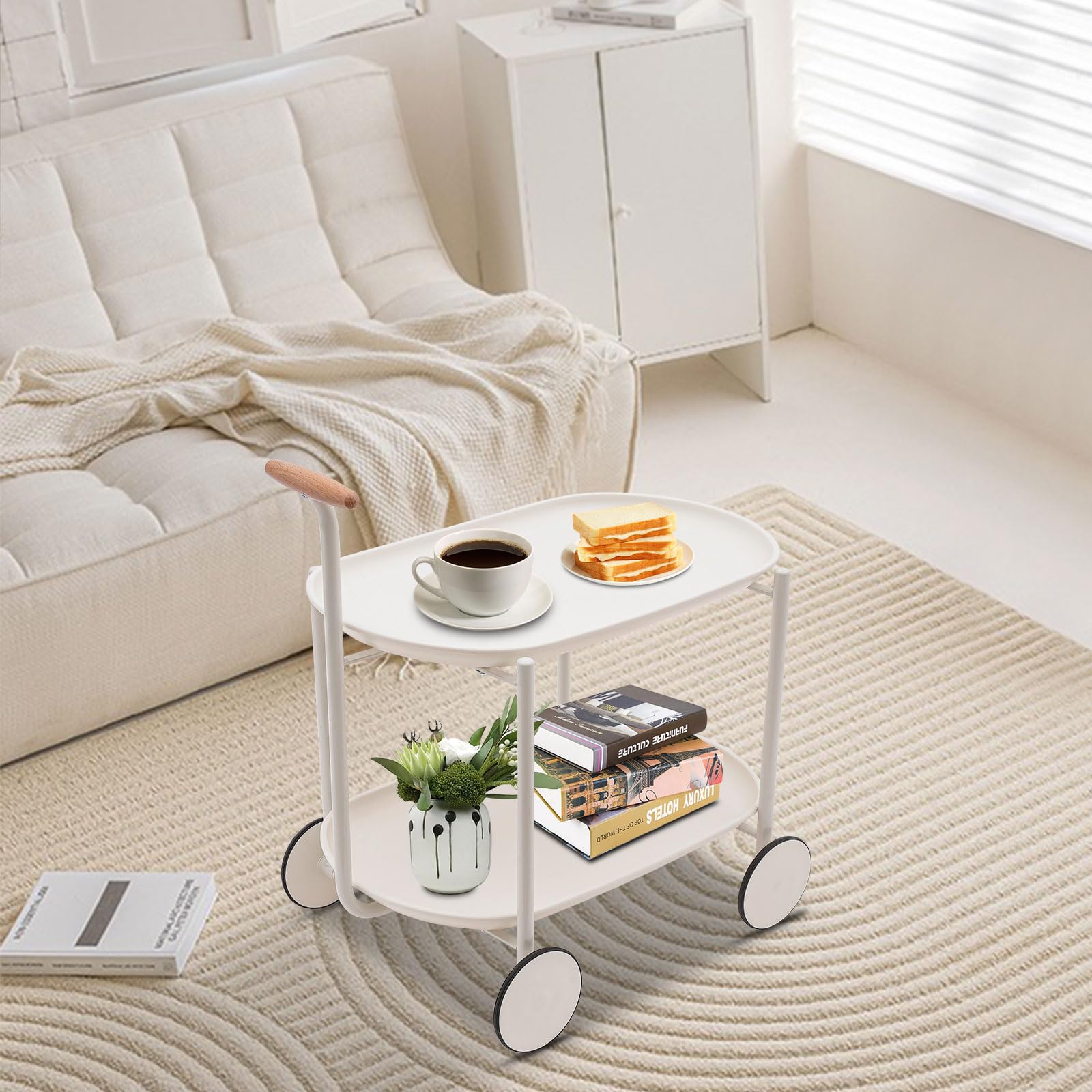 Carrello da servizio, carrello da cucina, multifunzione, in ABS, con ruote, manico e 2 ripiani, 63 x 42 x 64,5 cm (bianco)