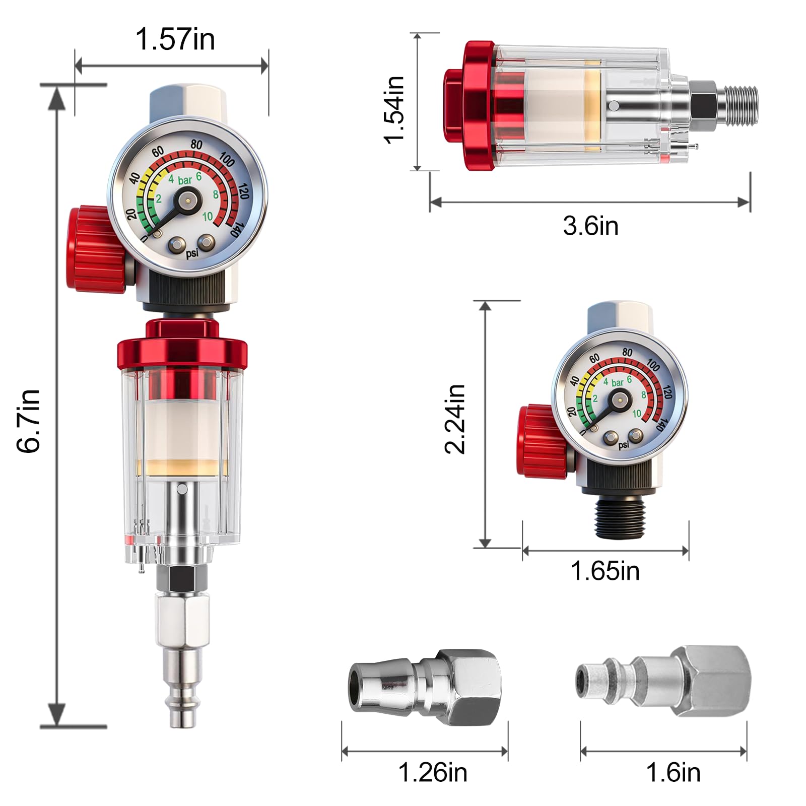 Régulateur de compresseur d'air et vanne de contrôle de débit avec manomètre G1/4" Entrée et sortie pour outils pneumatiques, peinture par pulvérisation, gonflage des pneus, 0-140 PSI
