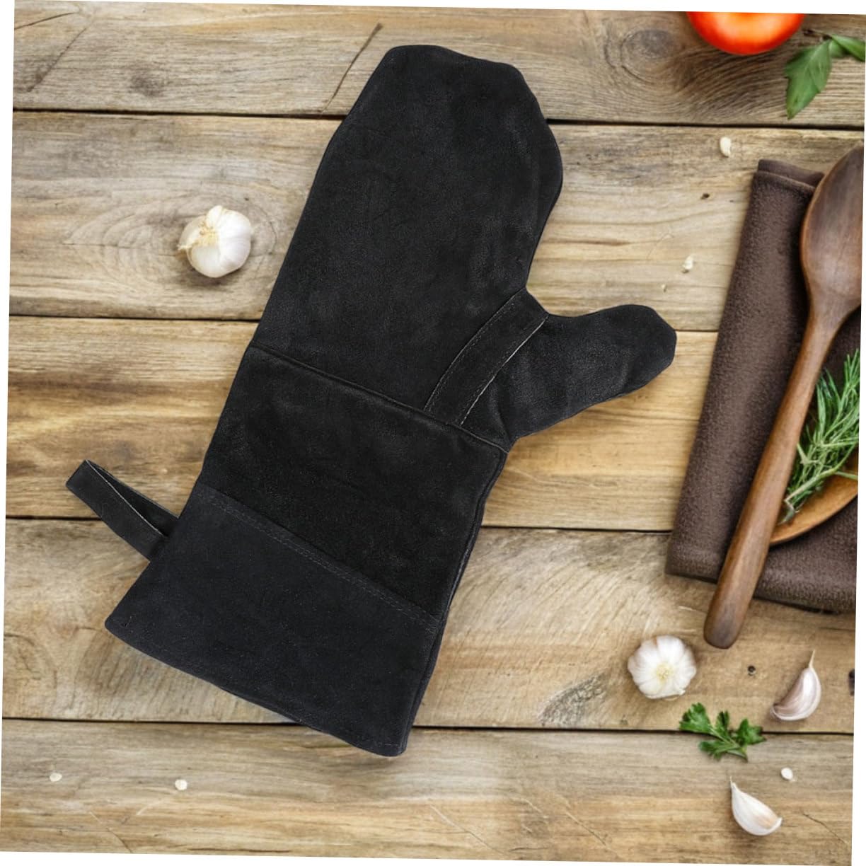 Guanti da Forno per Dita Neri 3 Pezzi in Pelle Bovina | Fodera in Cotone, Resistenti al Calore per Cucina e Stufa, Facili da Pulire