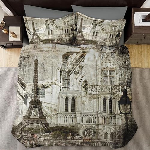 Miniatura 2 de Juego de edredón tamaño King, juego de ropa de cama suave de torre retro vintage de París para niños y adultos, juego de edredón gótico francés