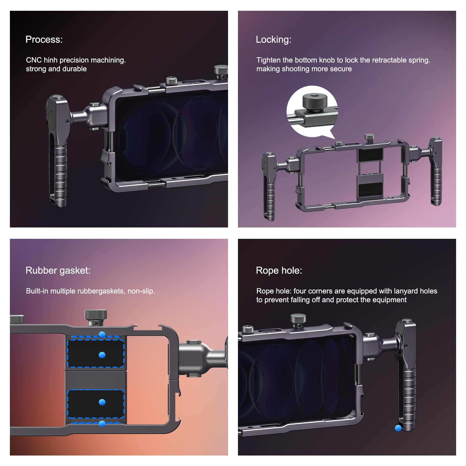 Jaula universal para teléfono, kit de aparejo de video para smartphone con asas, kit de video móvil todo en uno, kit universal de aparejo de video de teléfono de liberación rápida, estabilizador de