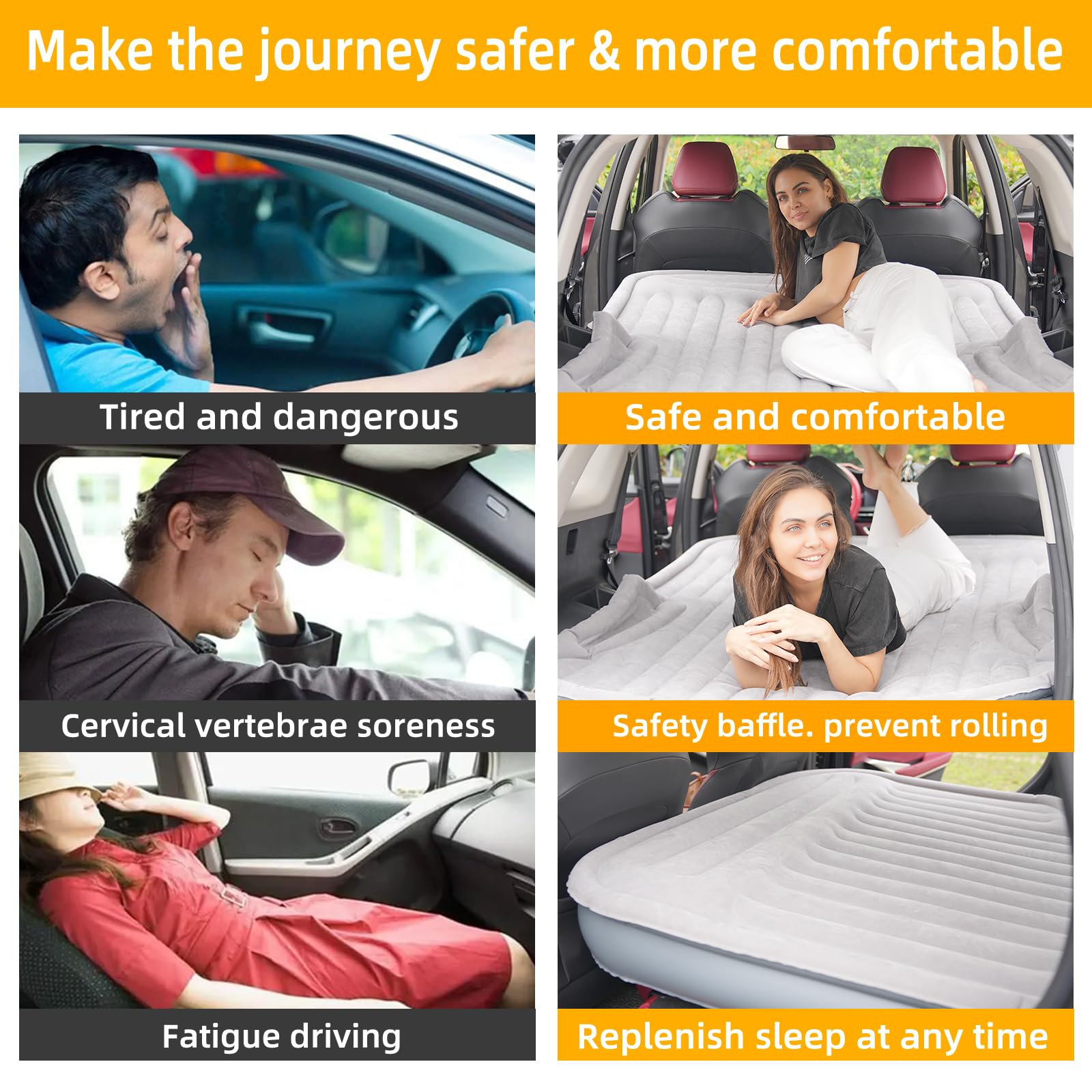 KMZ SUV Air Mattress with Built-in Electric Pump - Thickened and Flocked Car Bed Mattress for Travel and Camping - 660lb Weight Capacity - Grey