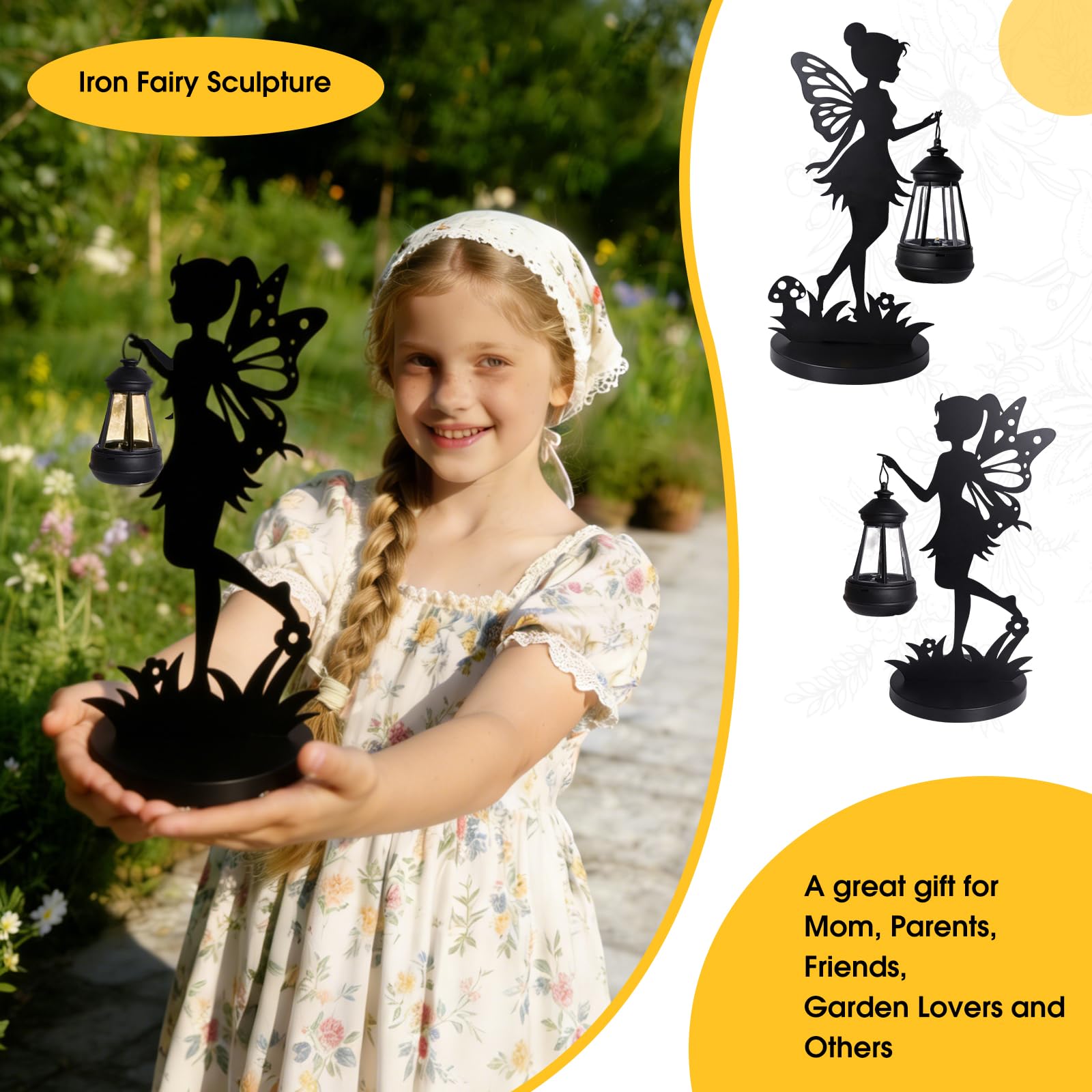 2 pezzi in metallo fata luce solare decorazione per esterni, statua di ferro, decorazione da giardino grande 30 cm con luci a energia solare, statua da giardino impermeabile, decorazioni per