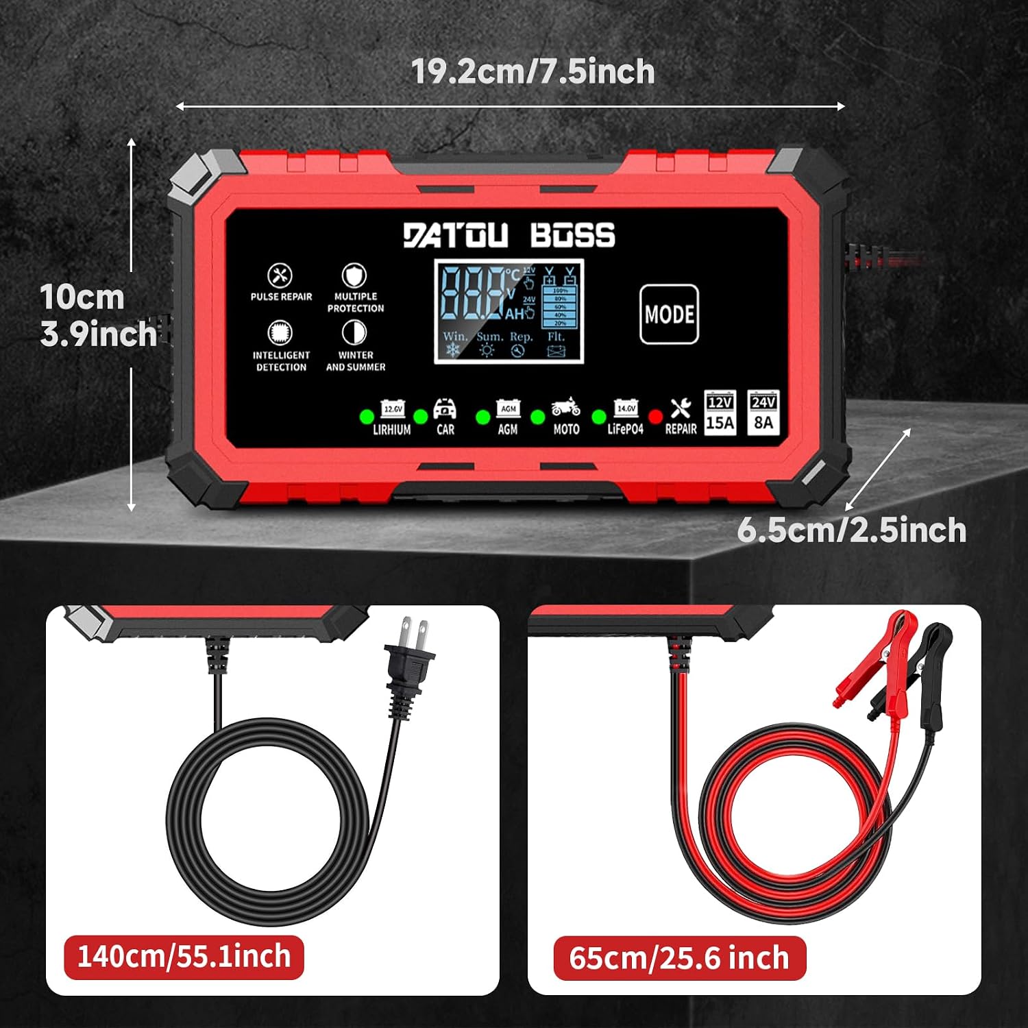 DATOUBOSS 15A Battery Charger, 12V/24V LiFePO4 & Lead Acid Smart Car Battery Charger, Trickle Charger Automotive, Automotive Battery Maintainer for Car Motorcycle RV Truck Boat (12V 15A/24V 8A)