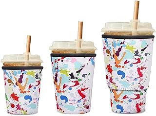 Iced Coffee Sleeve Scribble Reusable Drink Sleeve Accessories Kiatoras 3 Pack Neoprene Cup Sleeve for Cold Drinks Beverages Holder for Starbucks Coffee, McDonalds, Dunkin Donuts, More(Scribble)