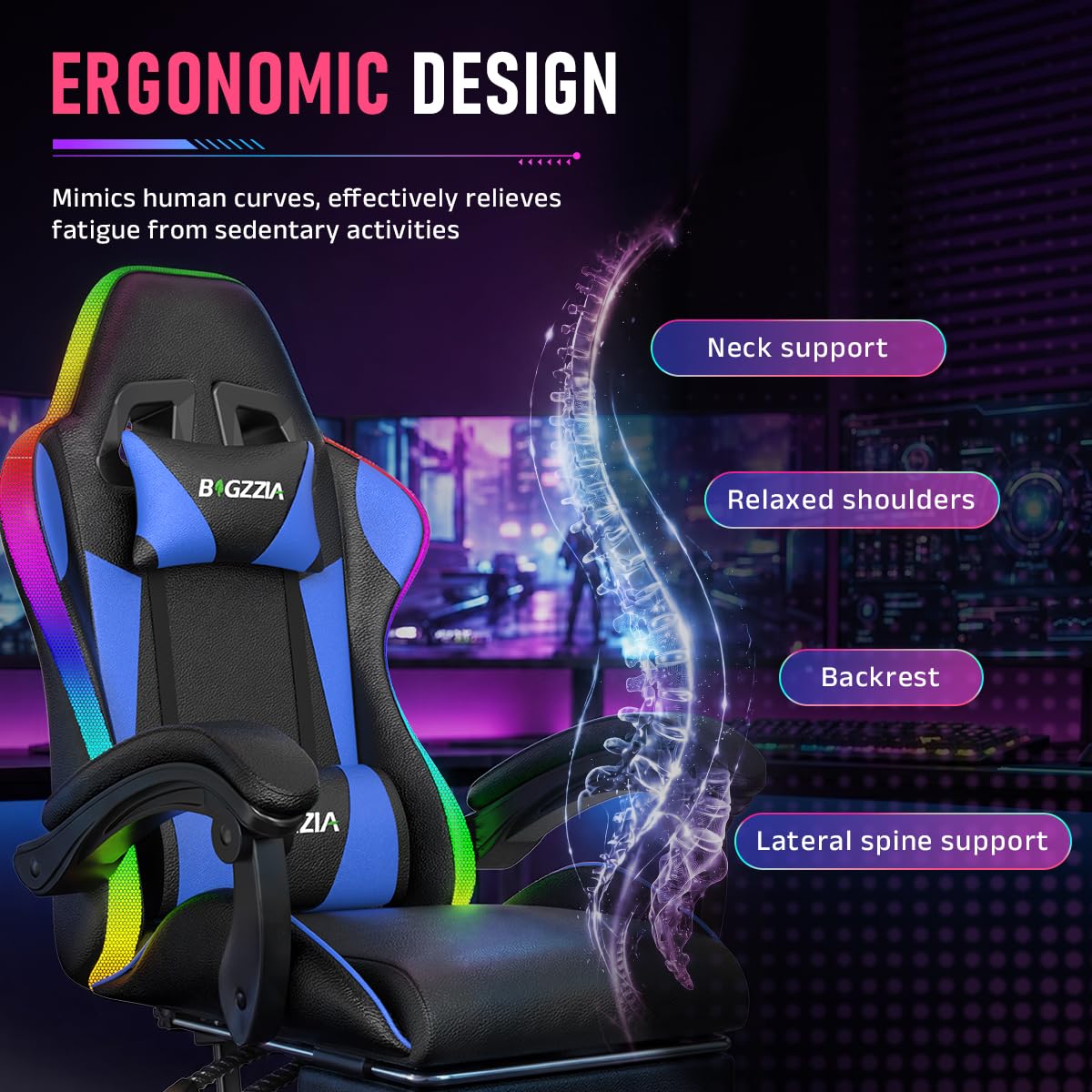bigzzia Sedia Gaming, Sedia Ergonomica con LED per Videogiochi, Sedia da Gioco con Cuscino Lombare Massaggiante e Poggiatesta per Giocare, Studiare e Lavorare in Ufficio (Blu)