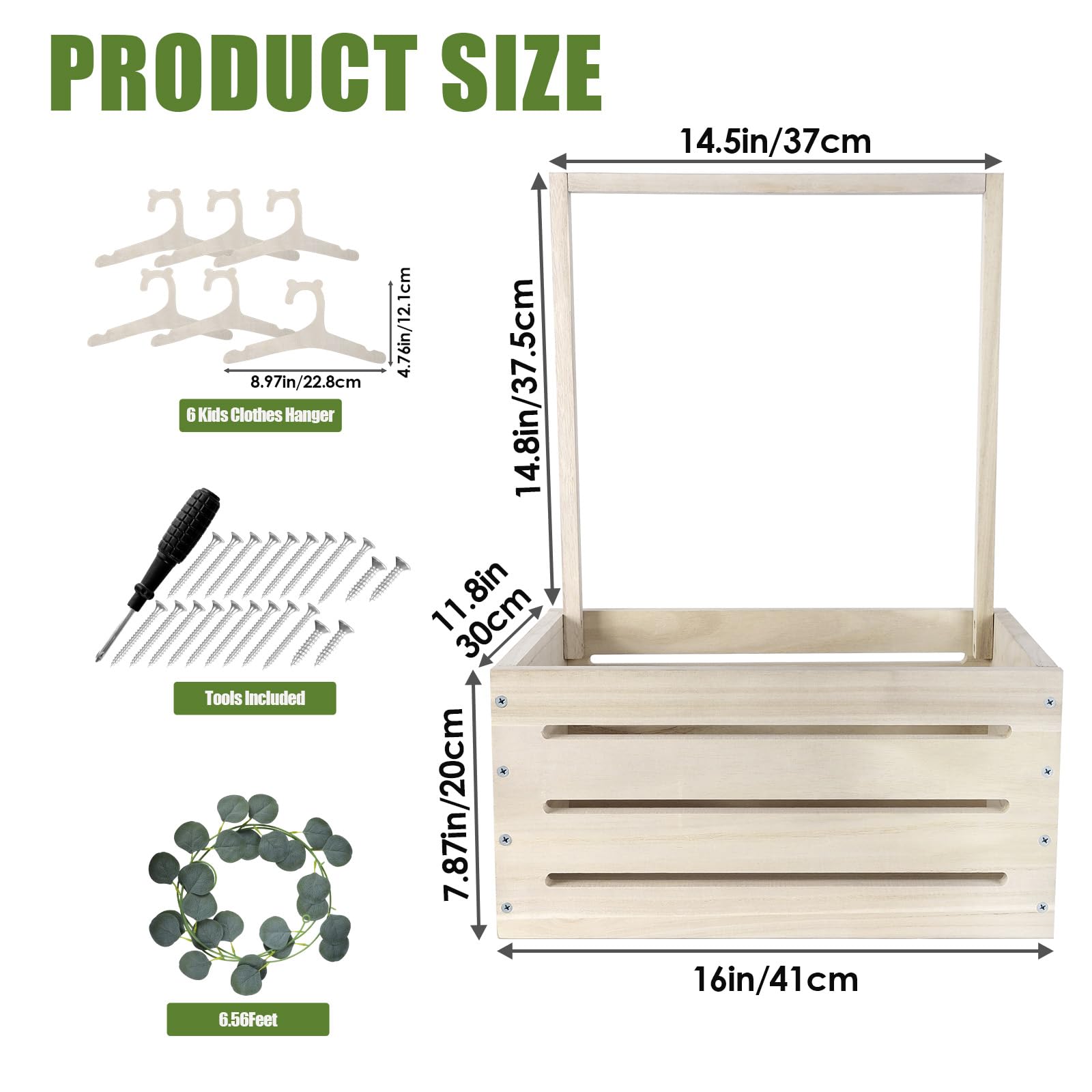 Mounting UP Wooden Baby Hamper Basket Crate Baby Shower Gifts Box Closet Storage With Handle & Clothes Rail & Eucalyptus Leaves Welcome Gift For Newborn Boys Girls Easy Assembly Natural Wood - Image 4