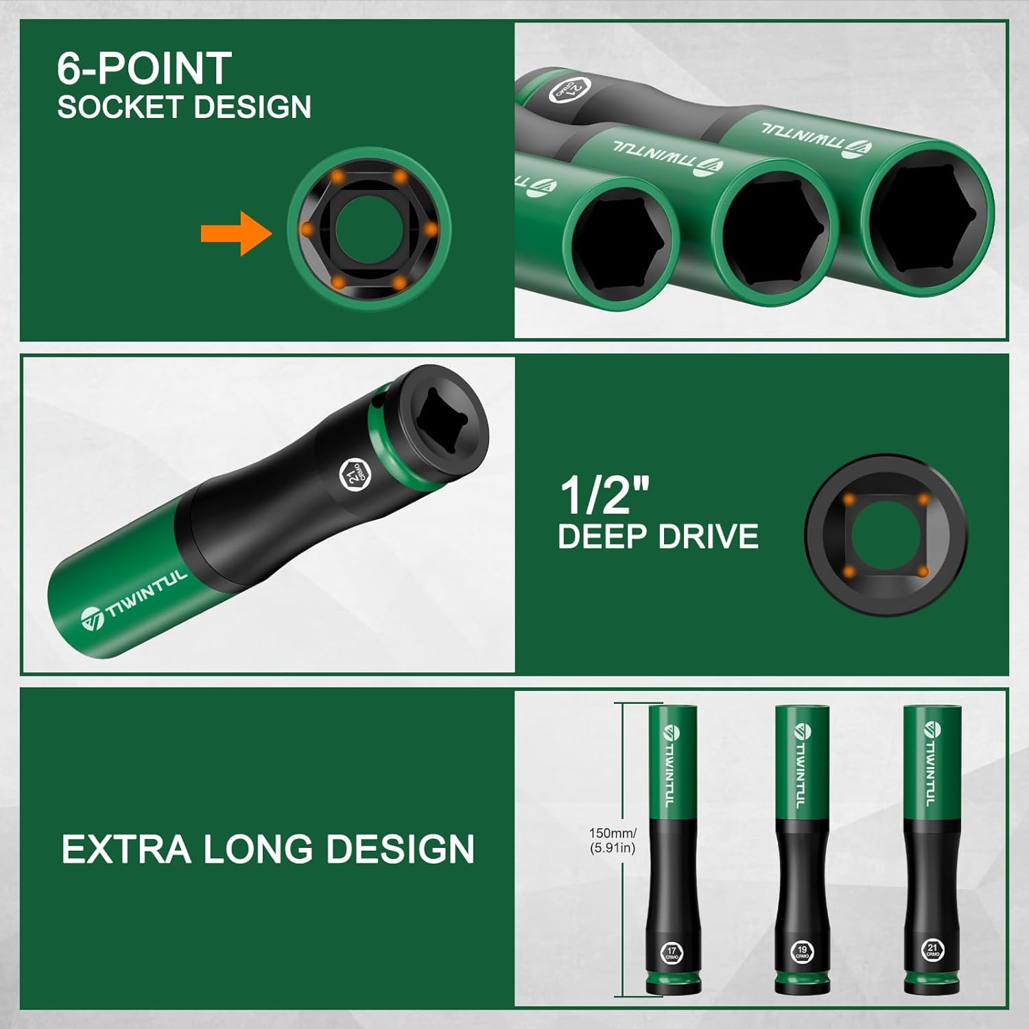 1/2" Extra Long Lug Nut Socket Set, 6Pcs Non-Marring Wheel Protector Impact Deep Socket Set, Metric 17 19 21 mm, CR-MO Steel & 6-Point, Thin Wall 150mm Deep Socket with 3 Protective Covers