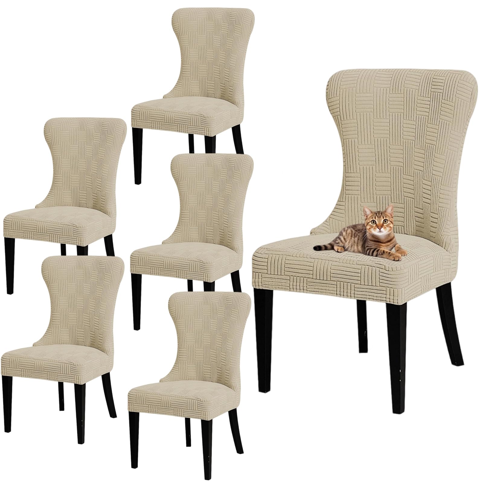 Wingback Seitenstuhlhussen, Flügelrückenstuhlhussen, Esszimmerstuhlhussen, 2er-Set, 4, 6, Akzent-Stuhlhussen mit Armlehnen für Küche, Bankett (Beige, 6 Stück)
