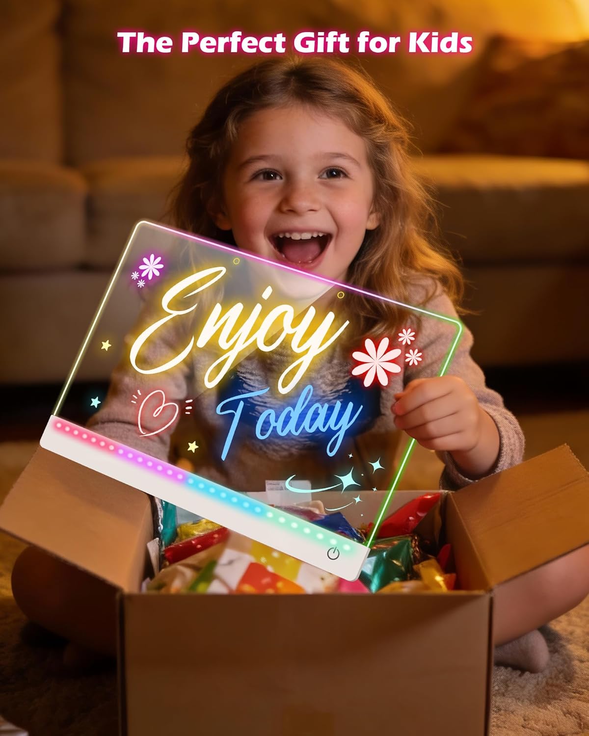 Rechargeable LED Drawing Board for Kids - 17" Flicker-Free Glow Doodle Drawing Pad with 11-Color Light Modes, Soft Light Dry Erase Note Board with Stand, Hanging Chain, 12 Markers, Gifts for Kids