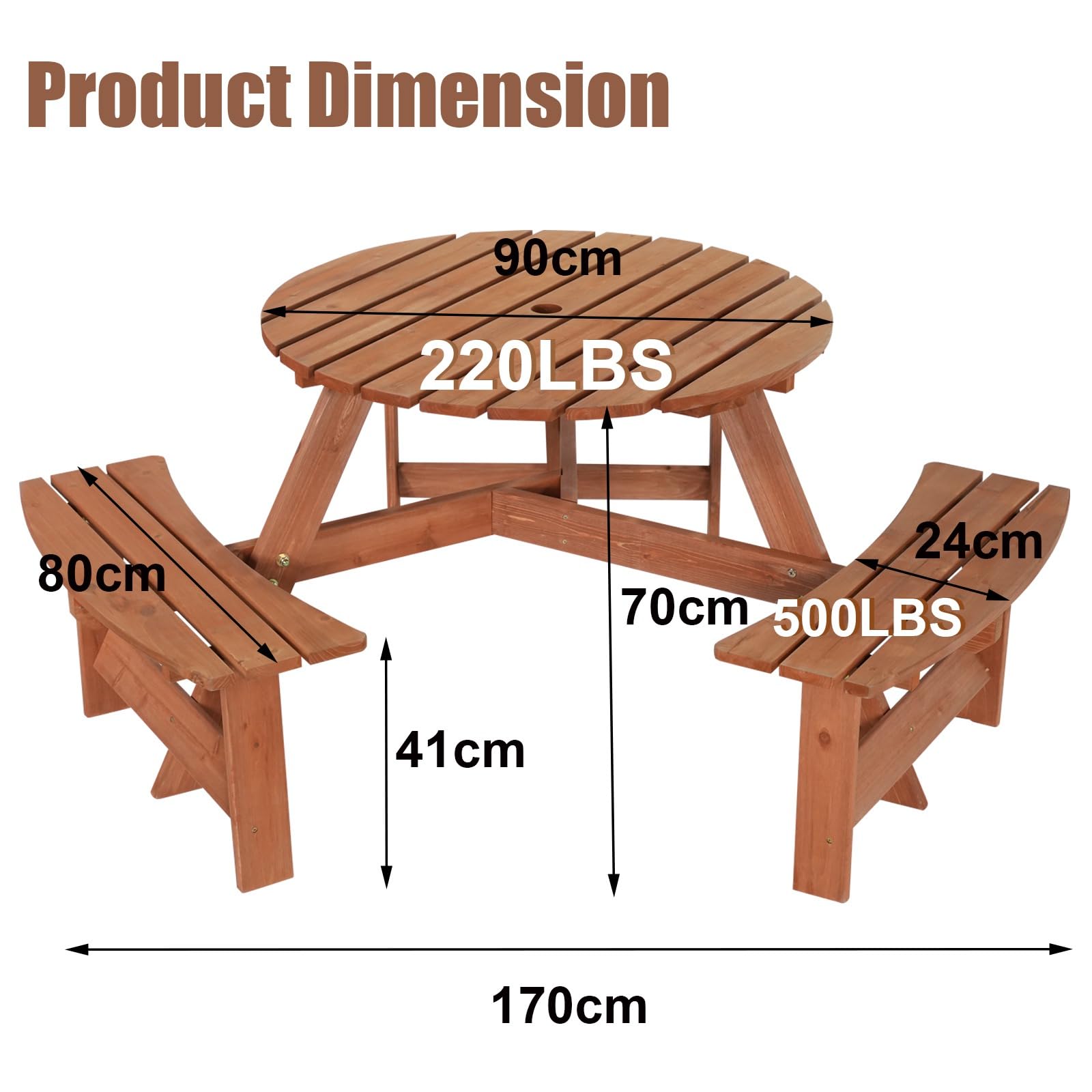 BIRCHTREE Outdoor Wooden Picnic BBQ Round Table Bench Garden Patio Deck Pub Chair 6 Seats Garden Patio Home Park Furniture Fir Wood Brown New - Image 7
