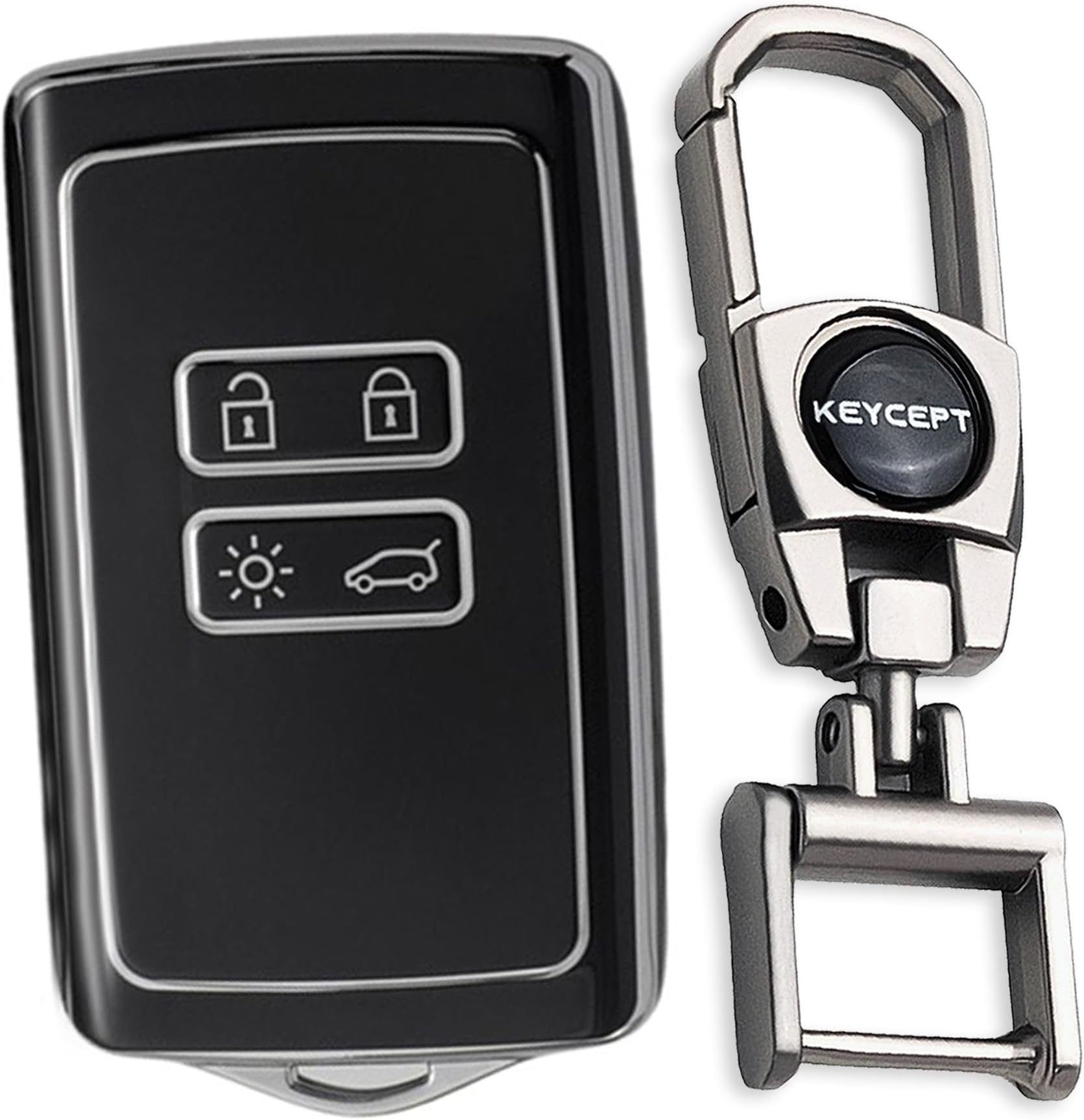 Keycept™ Silver Line TPU Key Cover Suitable For Renault Triber, Kiger 4 button Smart card key with Keychain. (Type 2, Black)
