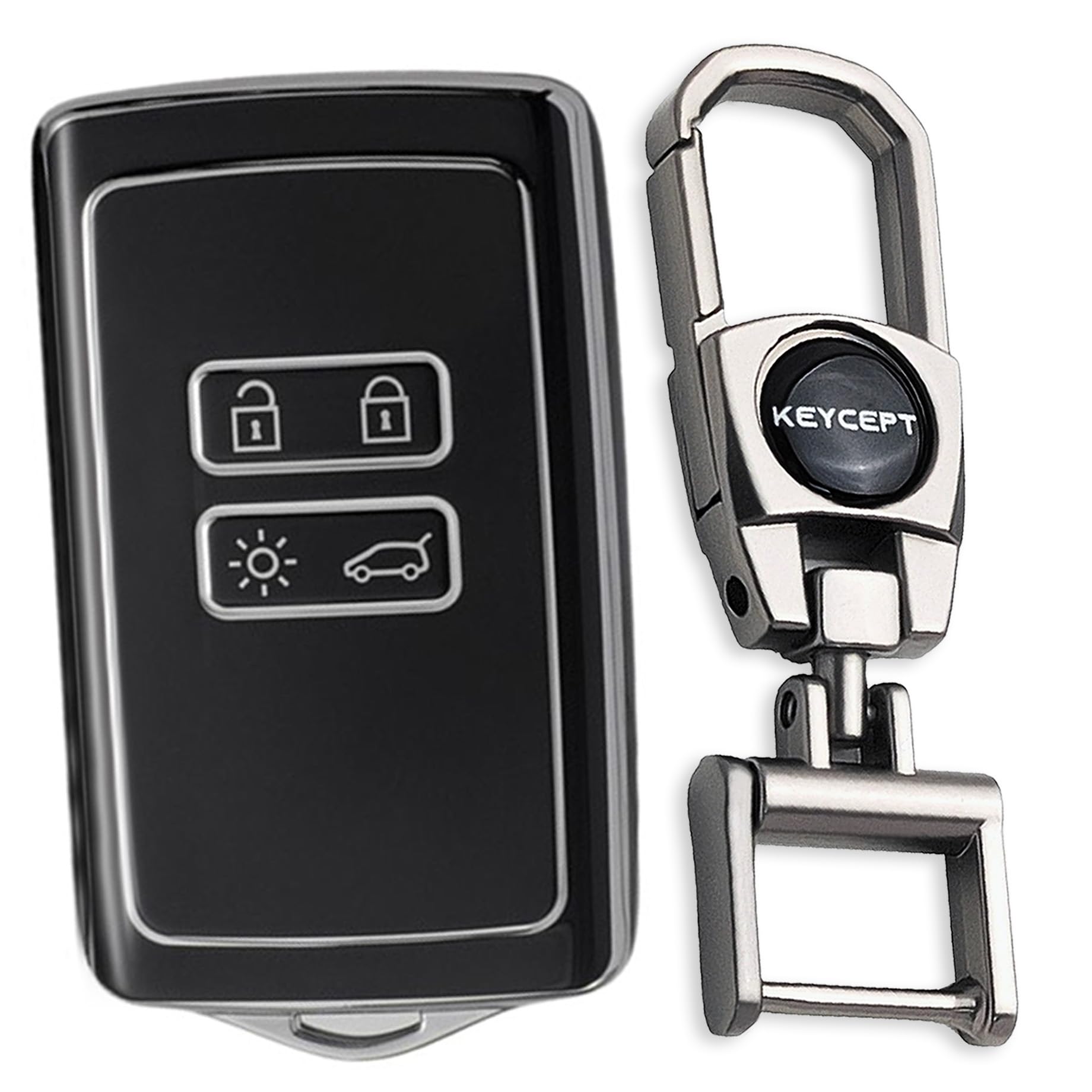 Keycept™ Silver Line TPU Key Cover Suitable For Renault Triber, Kiger 4 button Smart card key with Keychain. (Type 2, Black)