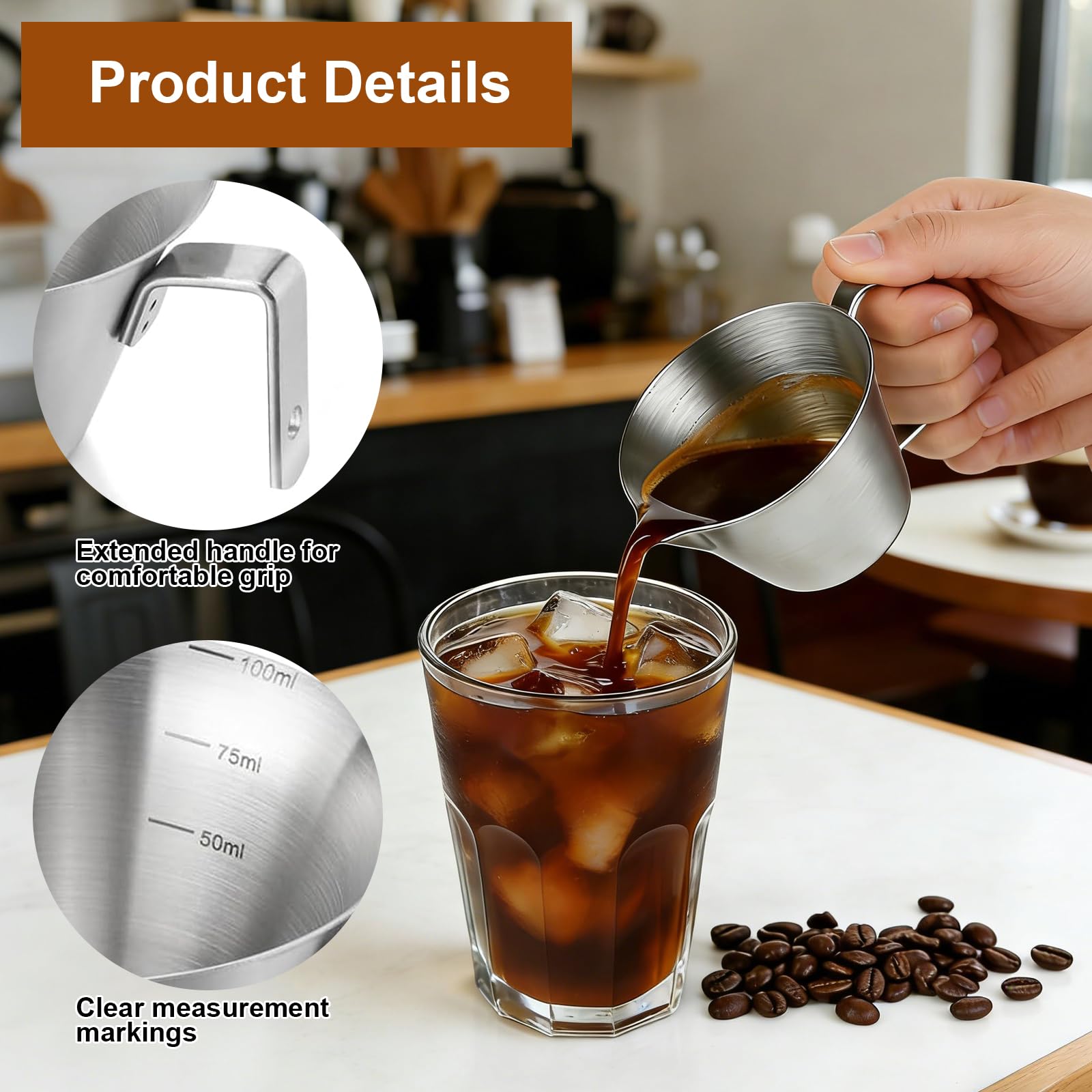 2-częściowy kubek z miarką do espresso z uchwytem, 100 ml kubek z miarką do espresso ze stali nierdzewnej, z ustami w kształcie litery V i skalą, akcesoria do kawy, do kawy, mleka, śmietany