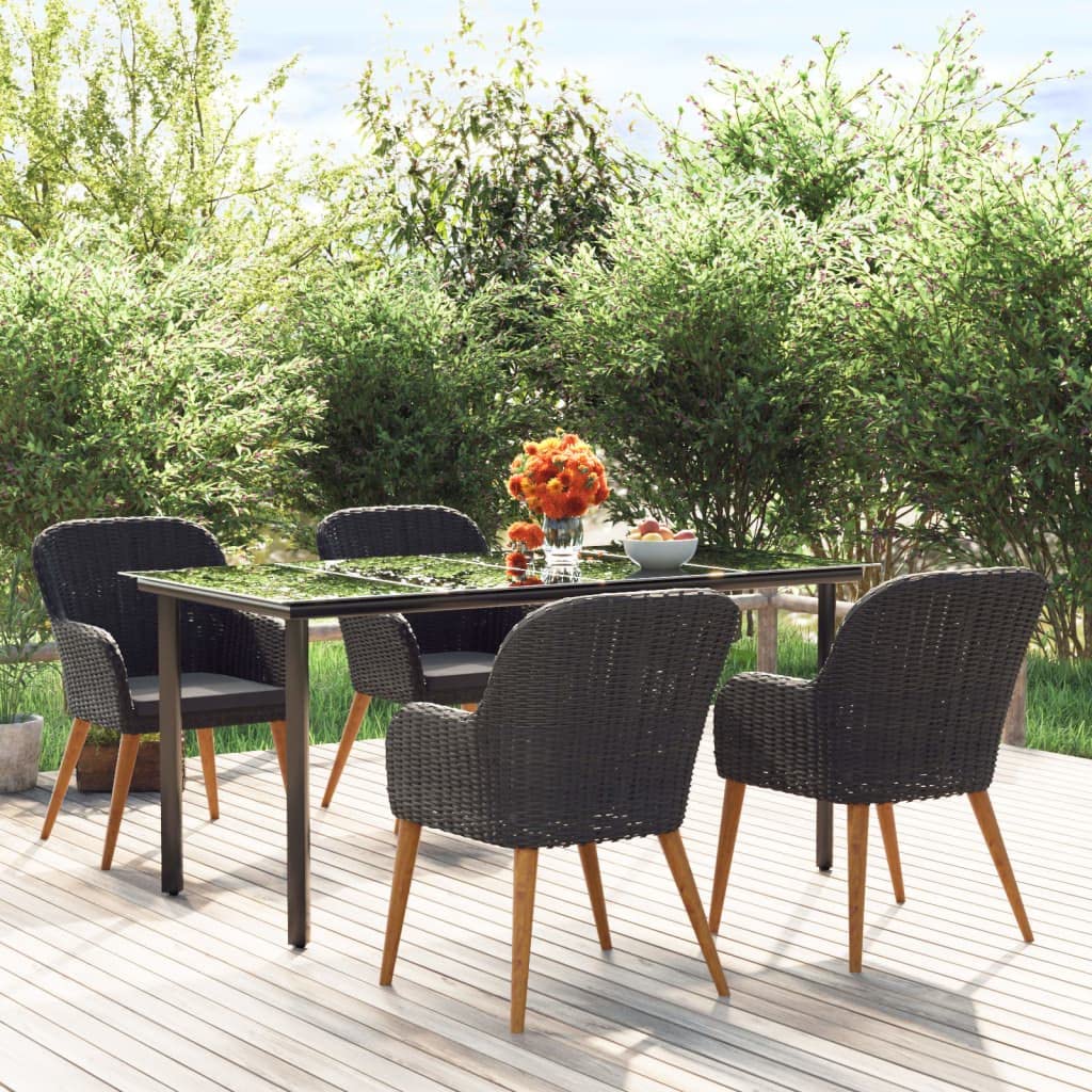 Set di mobili da giardino da 5 pezzi, colore nero, 160 cm, in legno di acacia e polyrattan, con cuscini imbottiti, design moderno, robusto, per balcone, terrazza e giardino