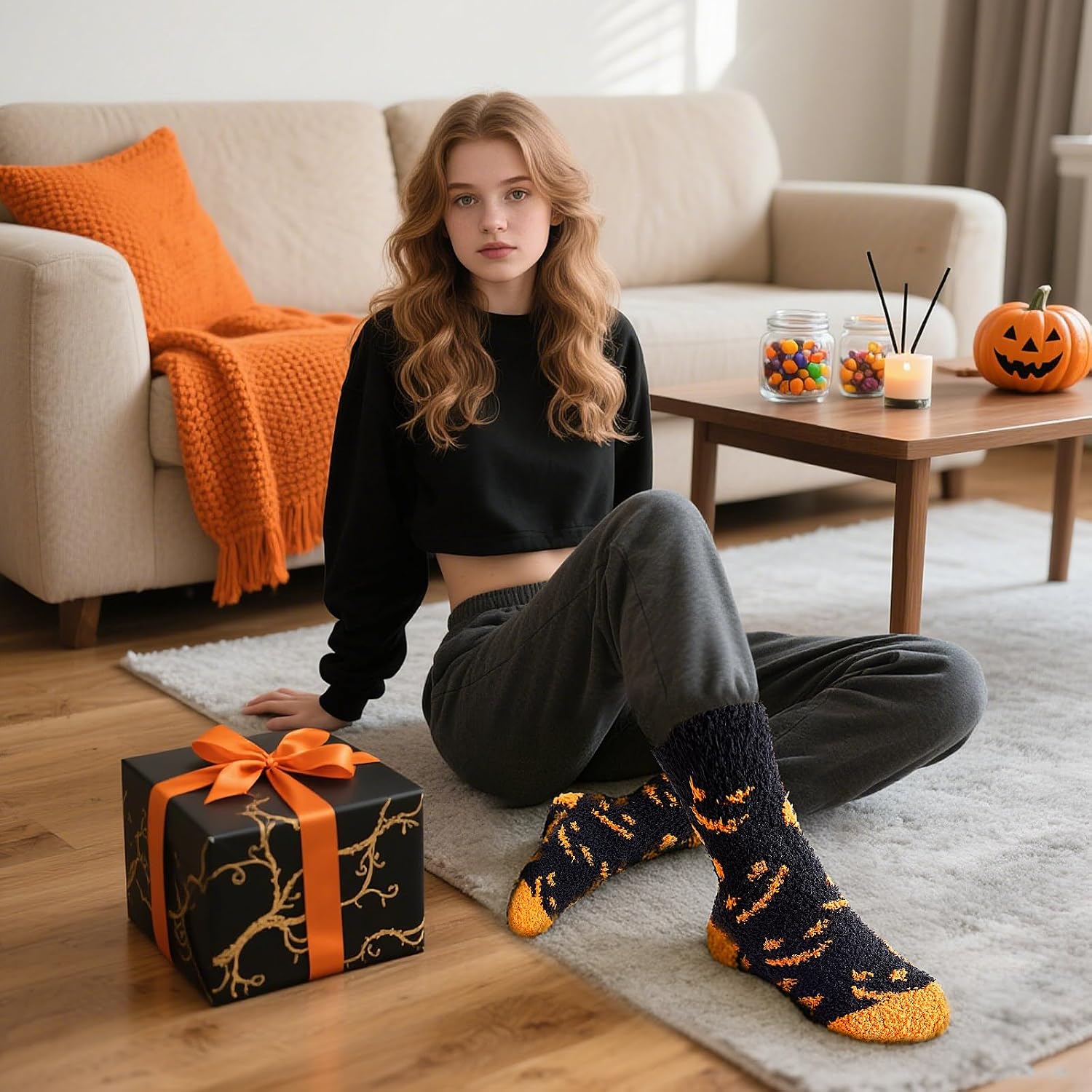 Geyoga 6 Pairs Halloween Fuzzy Socks Women with Gifts Cards