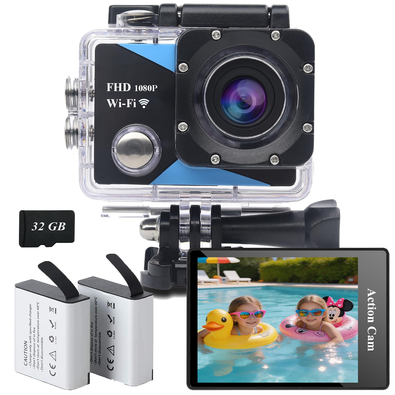 WiFi Action Cam FHD 1080P mit 32GB Speicherkarte, Actionkamera wasserdicht bis 30M, Action Camera mit 2x1050 mAh wiederaufladbare Akkus und Zubehor-Set