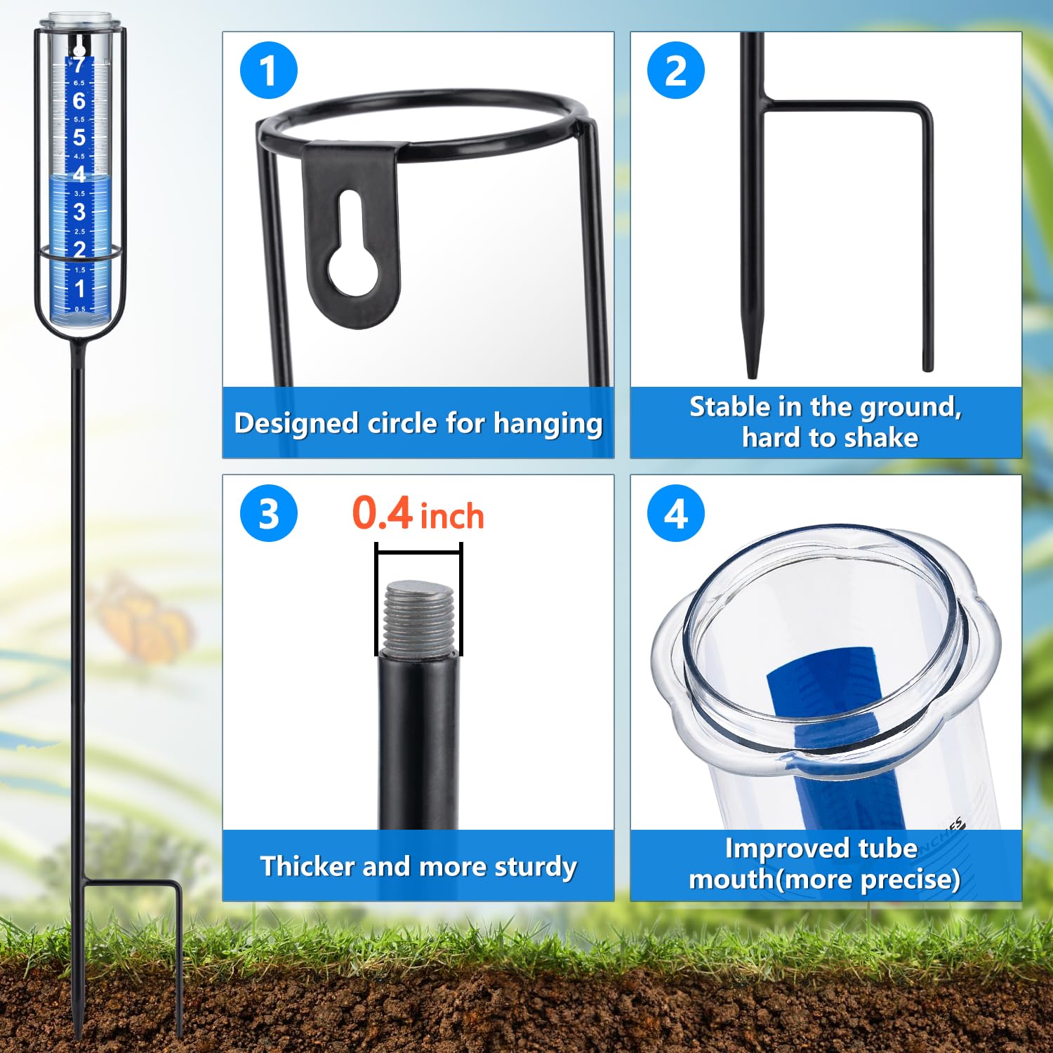 Pluviometro per esterni, pluviometri all'aperto più votato, accurato misuratore di pioggia per giardino, tubo ispessito con paletto, altezza regolabile e grande carattere misuratore dell'acqua per