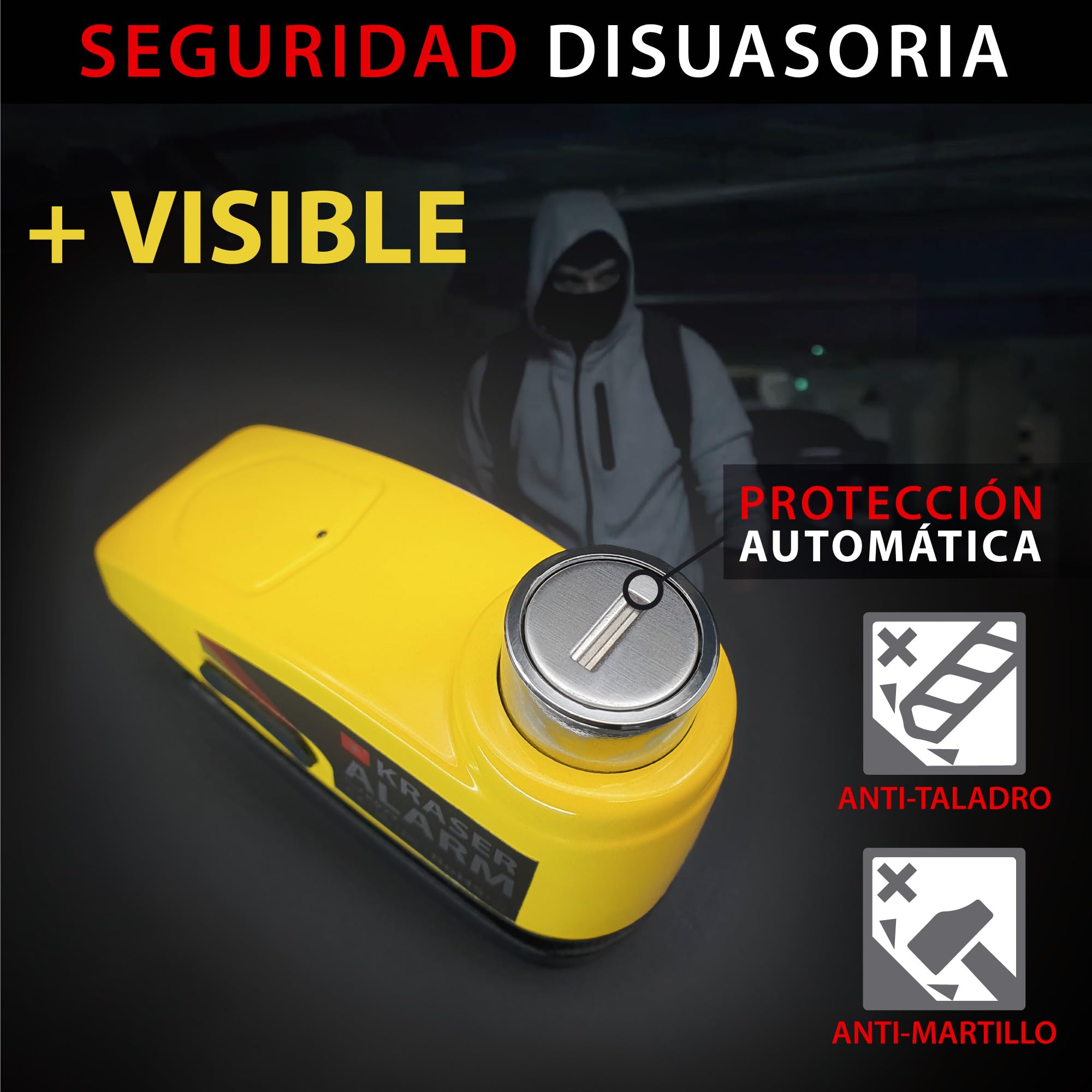 KRASER KR7Y Candado Disco Moto con Alarma 110dB Batería Recargable USB, Sensor de Movimiento, Impermeable Resistente Visible, Antirrobo Cepo Pinza Freno Bloqueo 7mm Universal, Amarillo