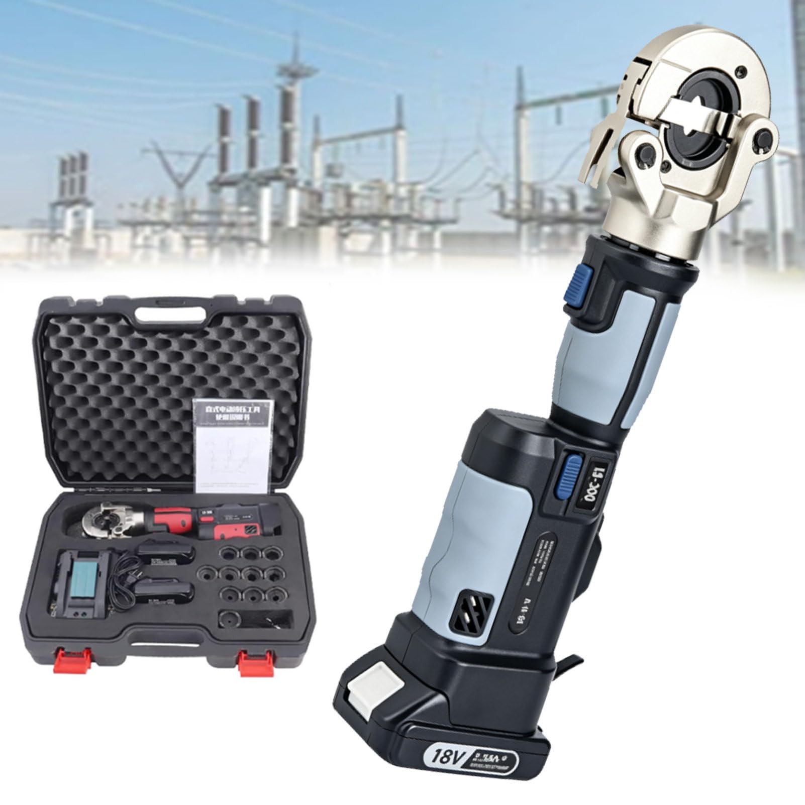 Pvxa Battery Powered Hydraulic Clamp Tool, Efficient Cable Lug Crimper, Handheld Hydraulic Crimping Pliers, 360° Rotating Head, for Electrical Terminals Grey