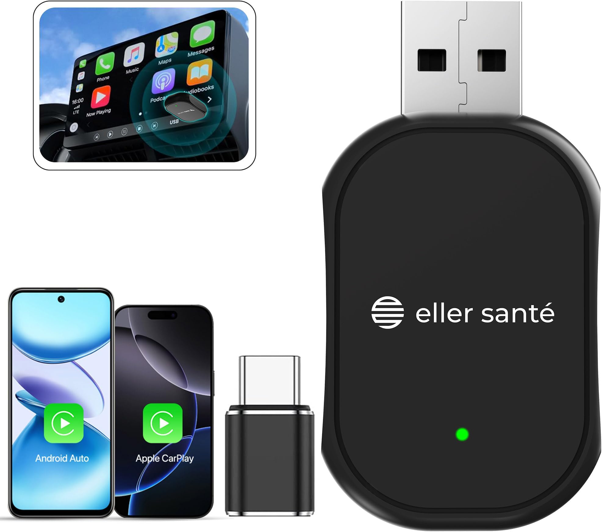 eller santé® DASHELITE 2-in-1 Wireless Car Receiver, Converts Wired Auto Android & CarPlay to Wireless, Bluetooth Connectivity, Only for Cars with OEM Installed Wired Android Auto/CarPlay (Black)