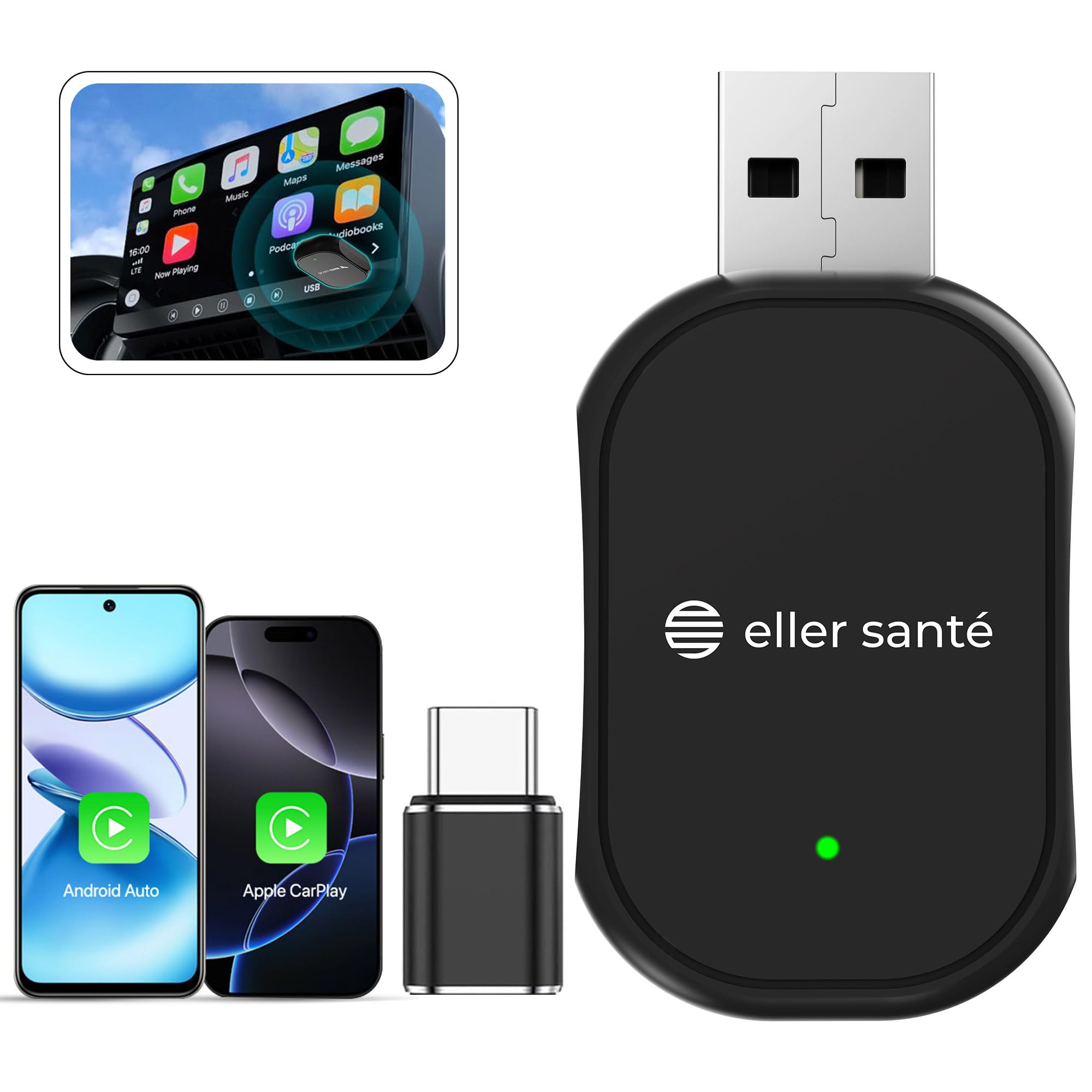 eller santé® DASHELITE 2-in-1 Wireless Car Receiver, Converts Wired Auto Android & CarPlay to Wireless, Bluetooth Connectivity, Only for Cars with OEM Installed Wired Android Auto/CarPlay (Black)